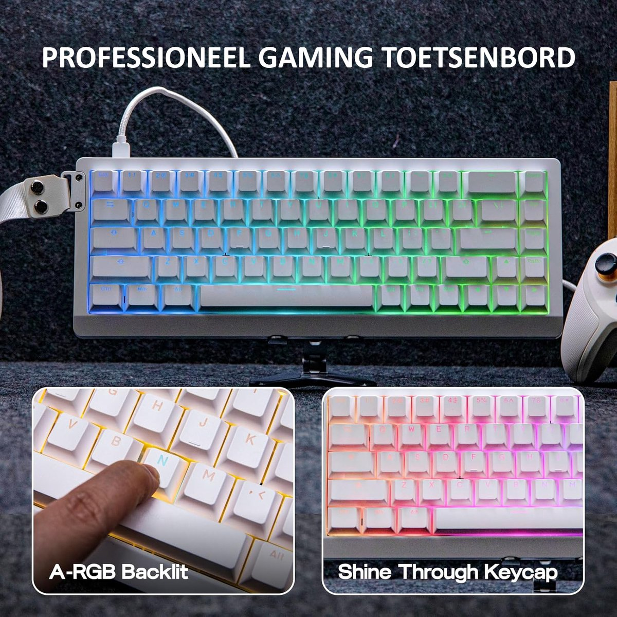 A white gaming keyboard with colorful backlighting. Two inset images show details of the keys lit up.