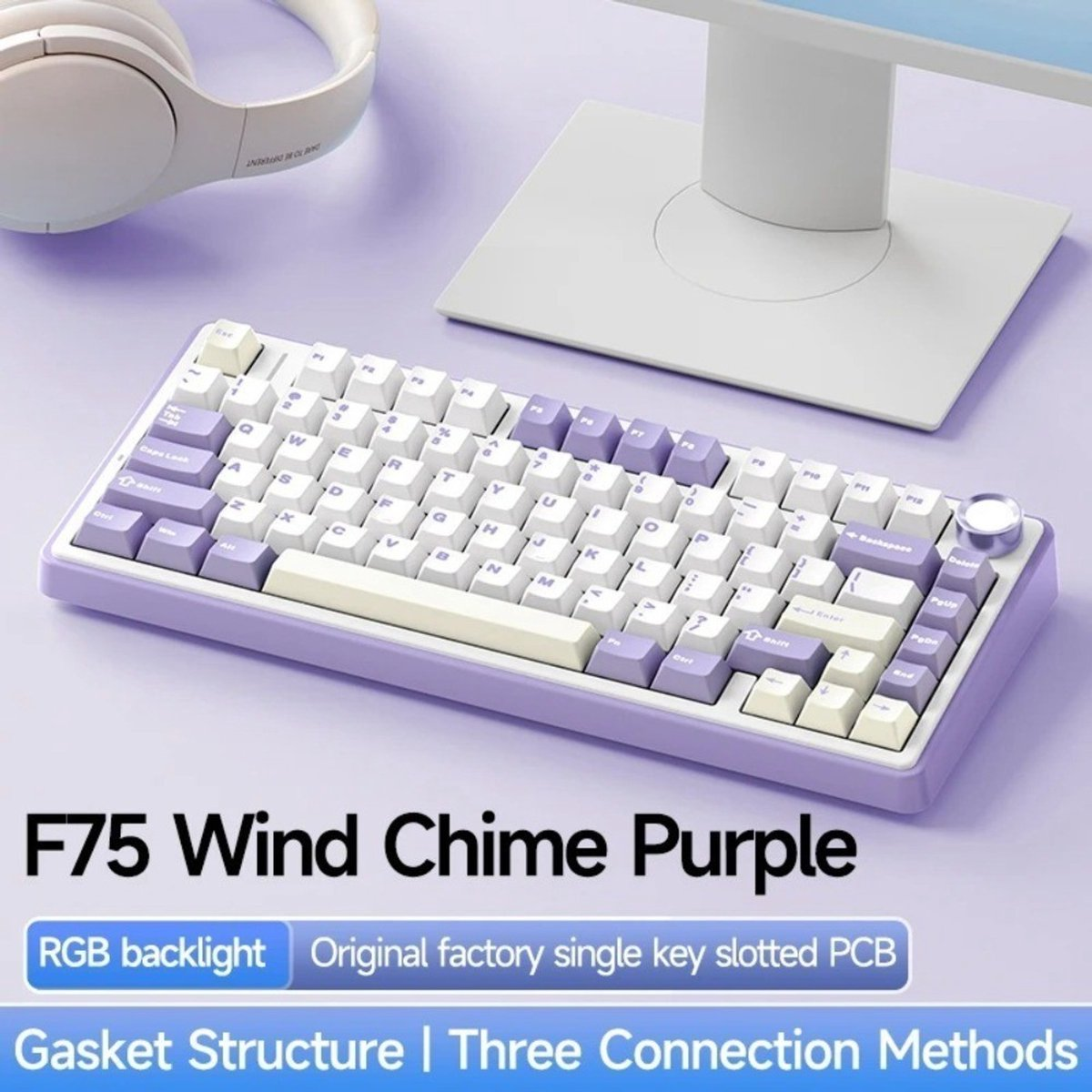 Eine lila Tastatur mit weißen Tasten. Im Hintergrund sind ein Monitor und Kopfhörer zu sehen. Text: F75 Wind Chime Purple.