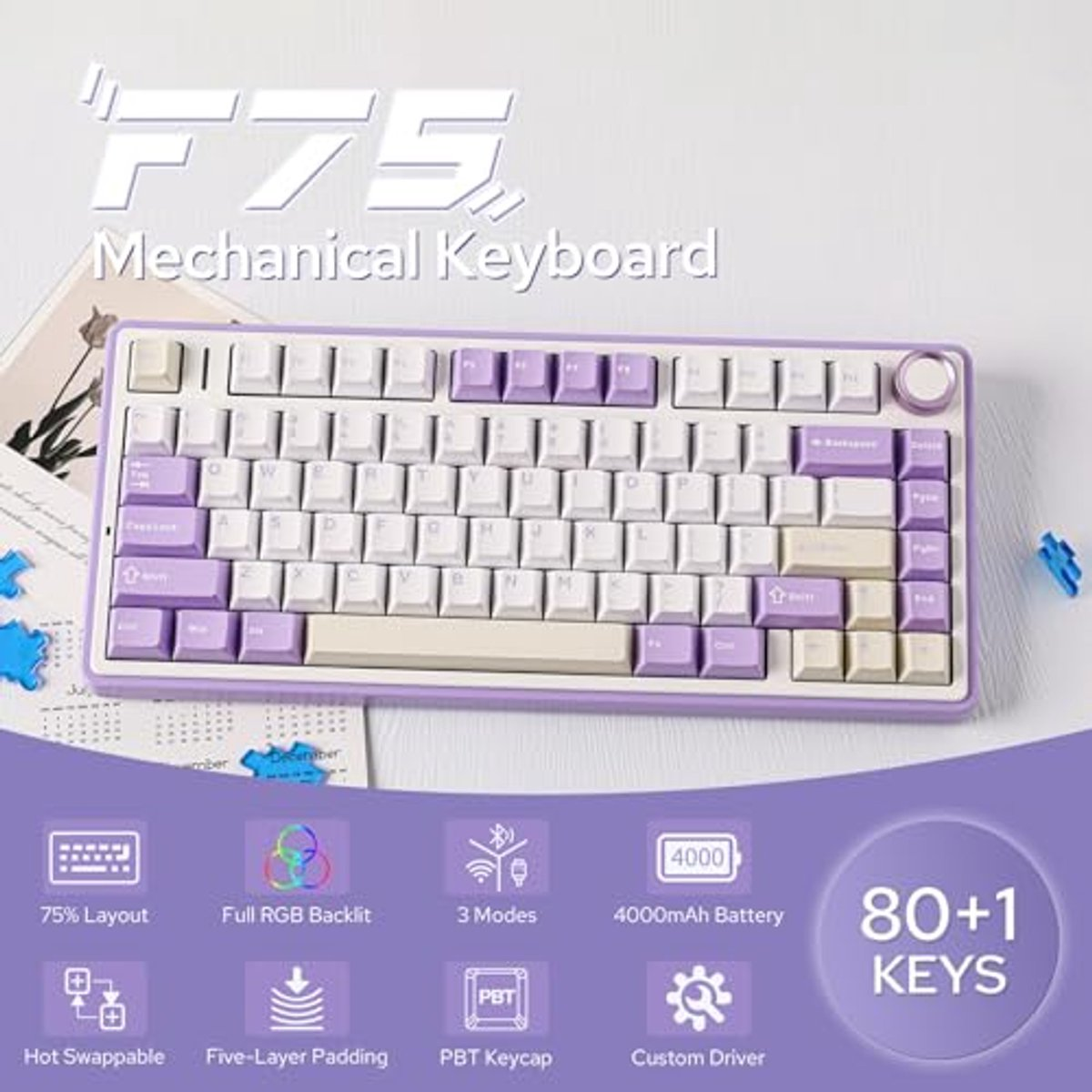 Eine lila-weiße mechanische Tastatur mit verschiedenen Funktionen, darunter RGB-Hintergrundbeleuchtung und 80+1 Tasten.