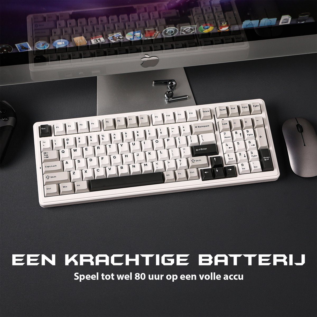 A white keyboard on a desk, with a mouse and a computer screen in the background. Text: EEN KRACHTIGE BATTERIJ, 80 uur.