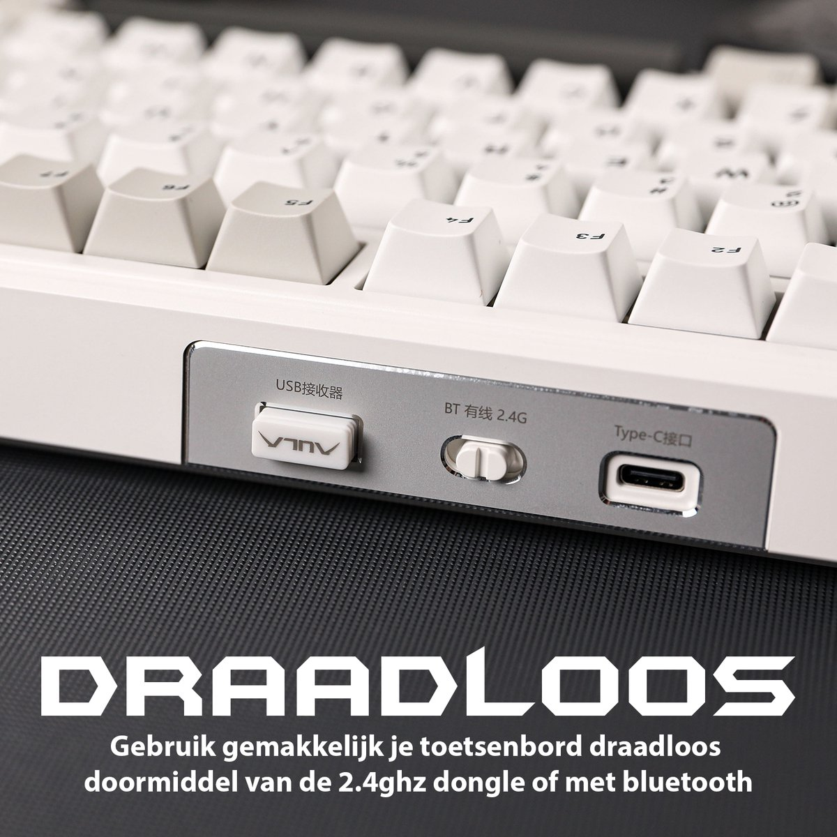 White keyboard with white keys. Has USB, BT 2.4G and Type-C options. Text reads 'DRAADLOOS', and instructions for wireless use.