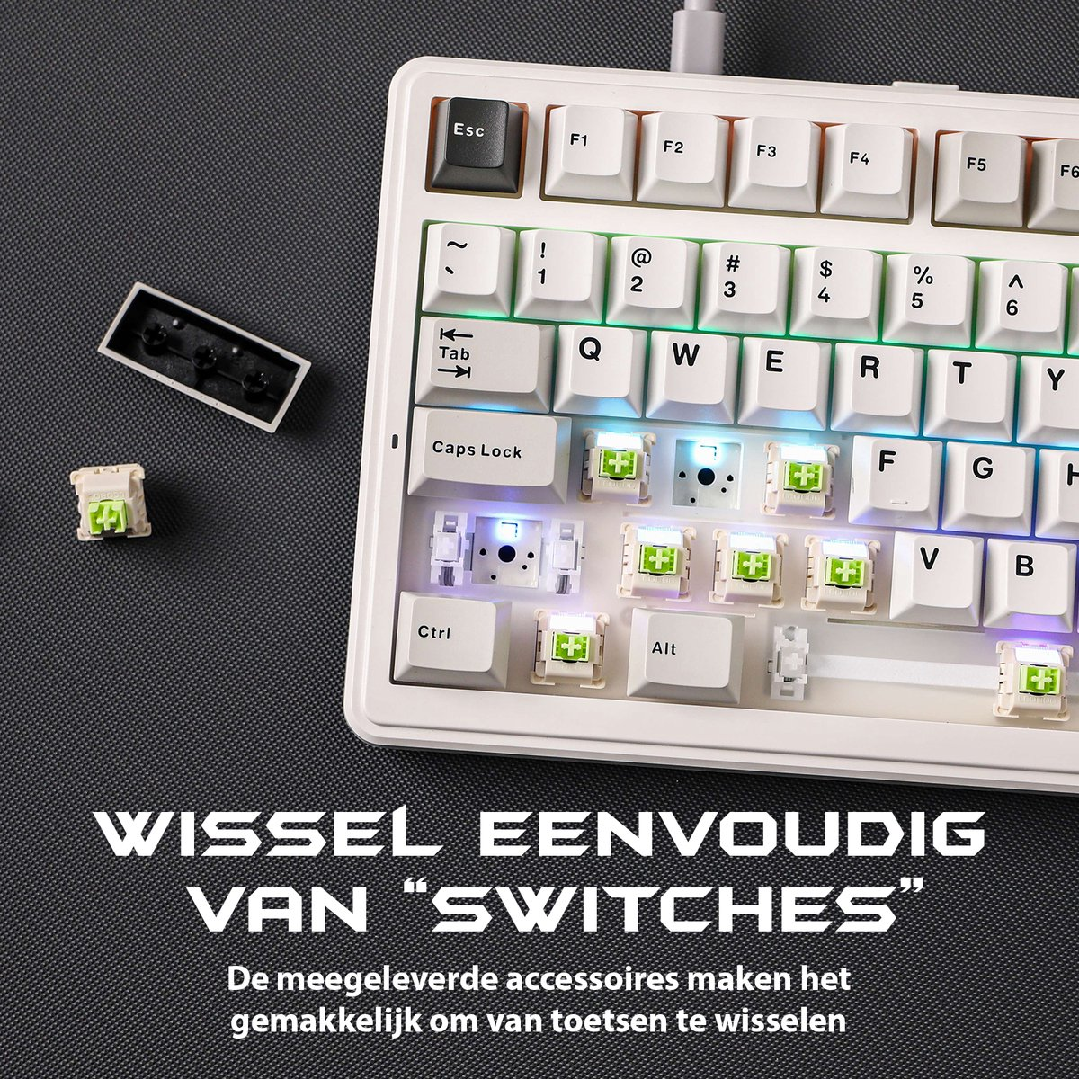 White mechanical keyboard with keycaps removed. Key switches are visible. Text reads: 'WISSEL EENVOUDIG VAN SWITCHES'.