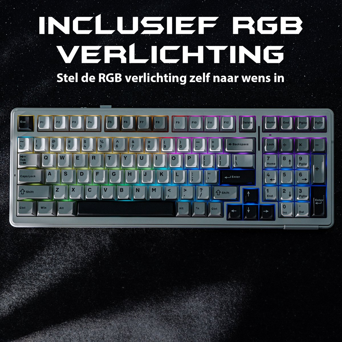 A white keyboard with RGB lighting. Keys are illuminated in various colors. Black background with Dutch text.