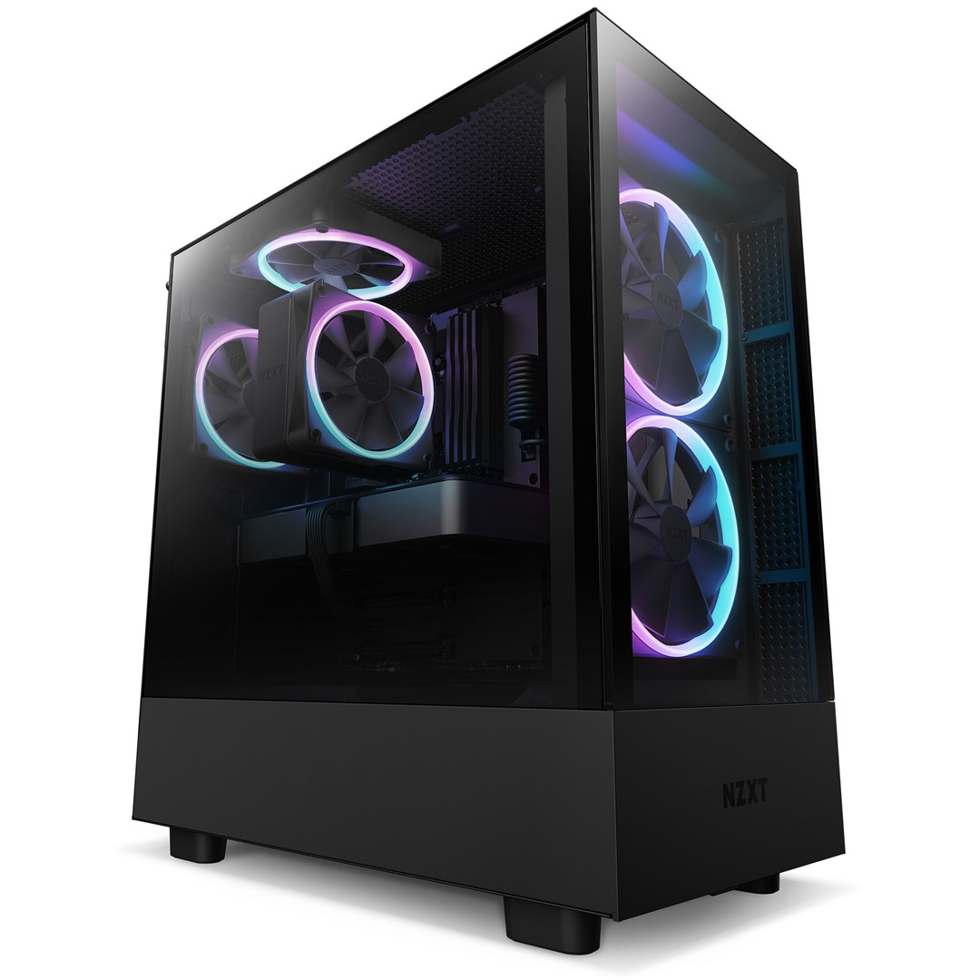 Case per computer NZXT nero con ventole luminose. Componenti visibili all'interno. Il case è su sfondo bianco, angolato a destra.