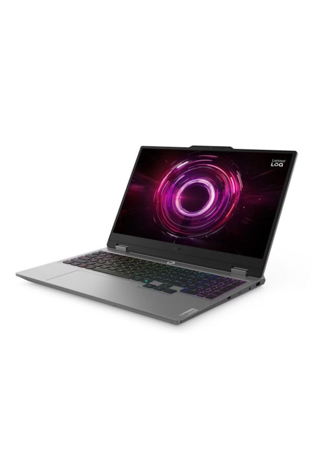 Gri bir Lenovo Legion dizüstü bilgisayar açık. Ekran mor bir daire tasarımı gösteriyor. Klavye renkli ışıklara sahip.