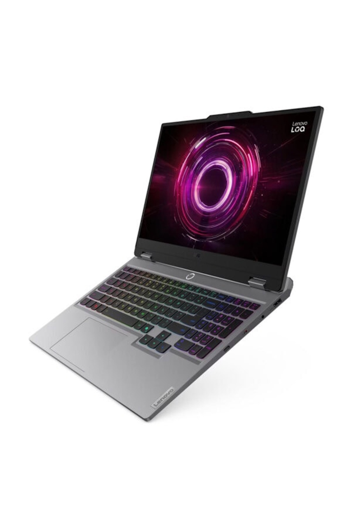 Bir Lenovo dizüstü bilgisayar açık, parlayan pembe ve mor bir grafik görüntülüyor. Klavyede gökkuşağı renkli tuşlar var.