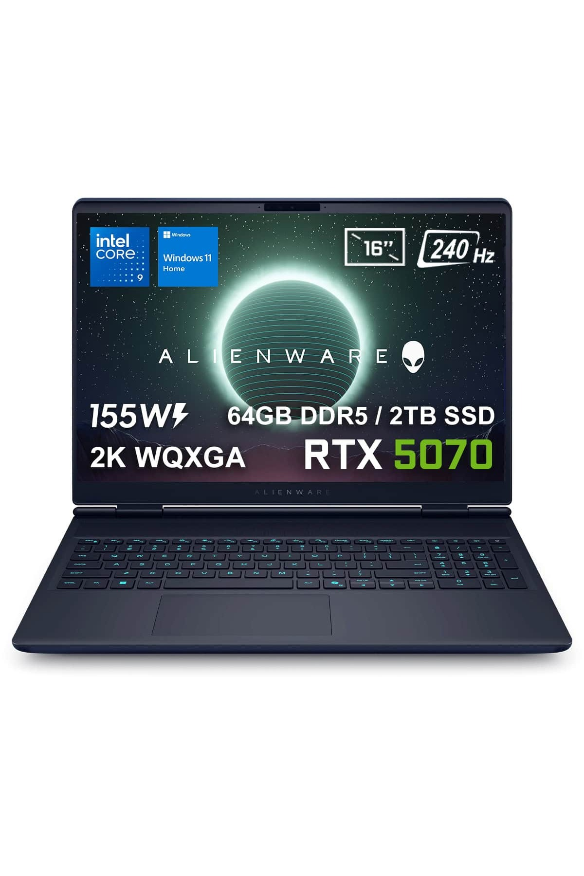 Beyaz zemin üzerinde Alienware dizüstü bilgisayar. Intel Core, Windows 11, 16" ekran, RTX 5070 ve ekranda listelenen özellikler.