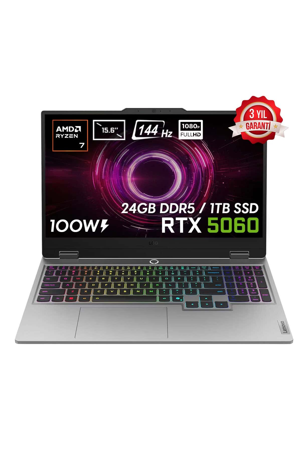 15,6" ekranlı, AMD Ryzen 7, 24GB DDR5, 1TB SSD, RTX 5060, 144Hz ve 100W'lu bir Lenovo dizüstü bilgisayar.