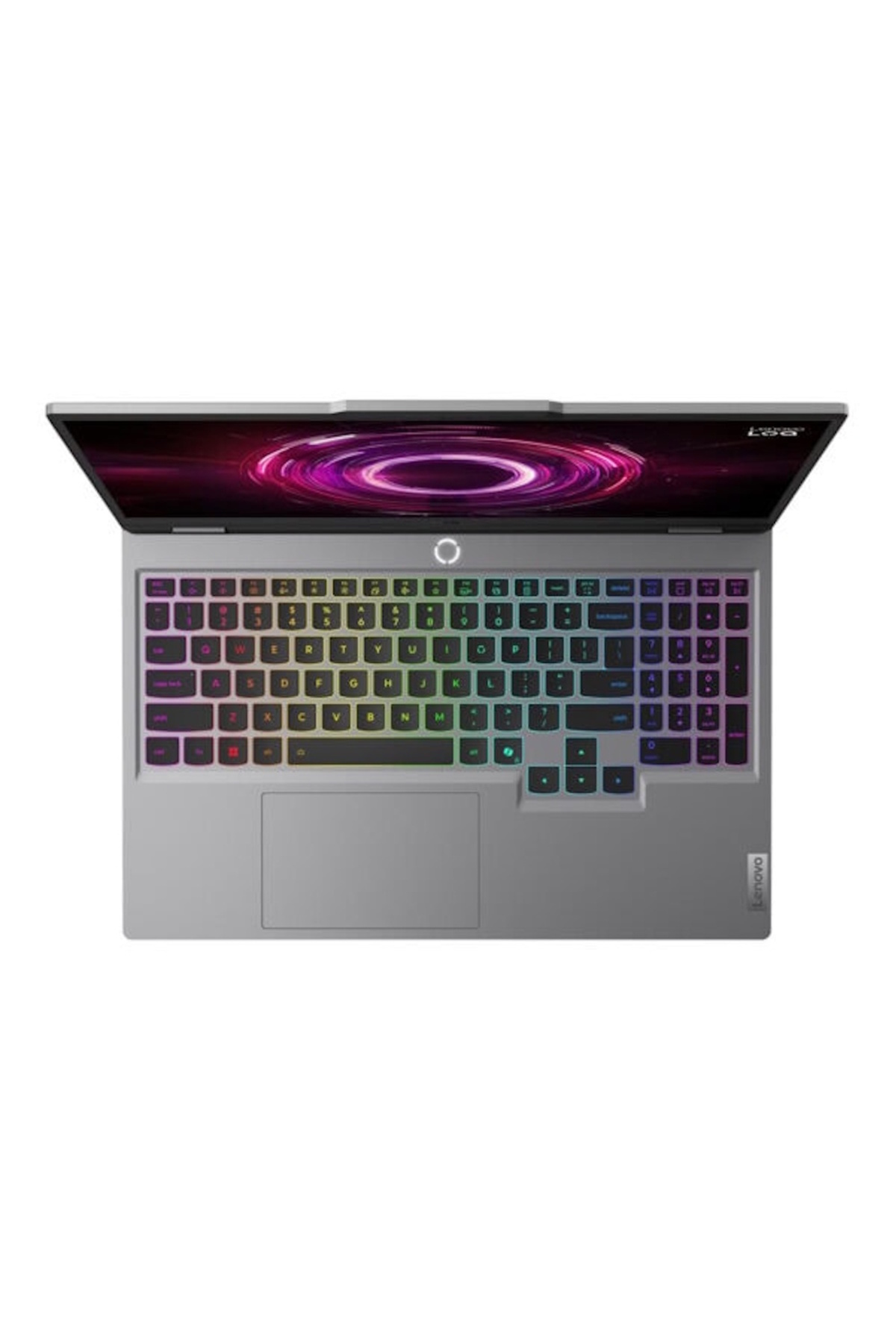 Gümüş renkli bir Lenovo dizüstü bilgisayarın yukarıdan görünümü. Klavye gökkuşağı renkleriyle aydınlatılıyor. Ekran mor ve pembe bir tasarım sergiliyor.