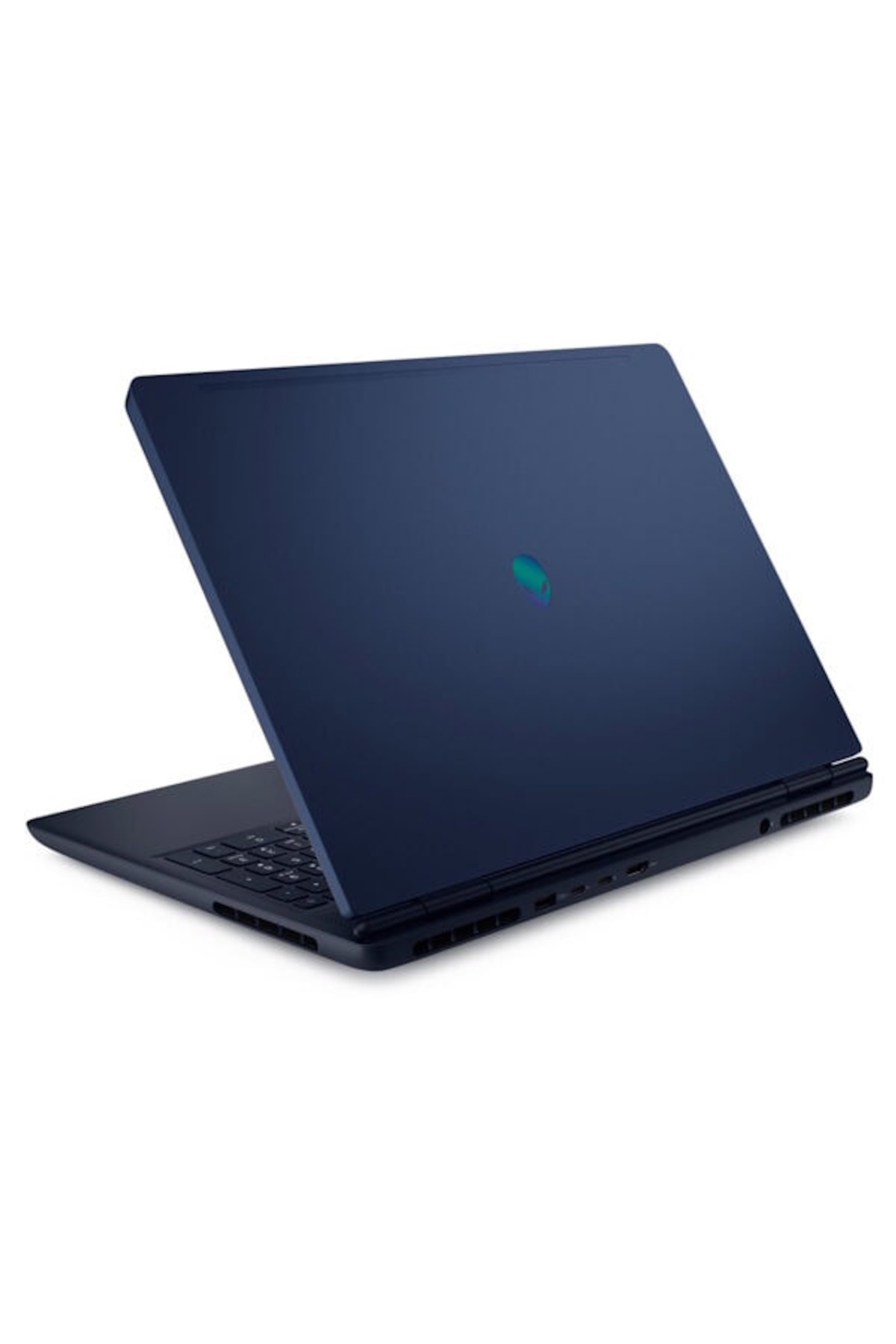 Koyu mavi bir dizüstü bilgisayar hafifçe açık. Alienware logosu kapakta görülebilir. Klavye siyahtır.