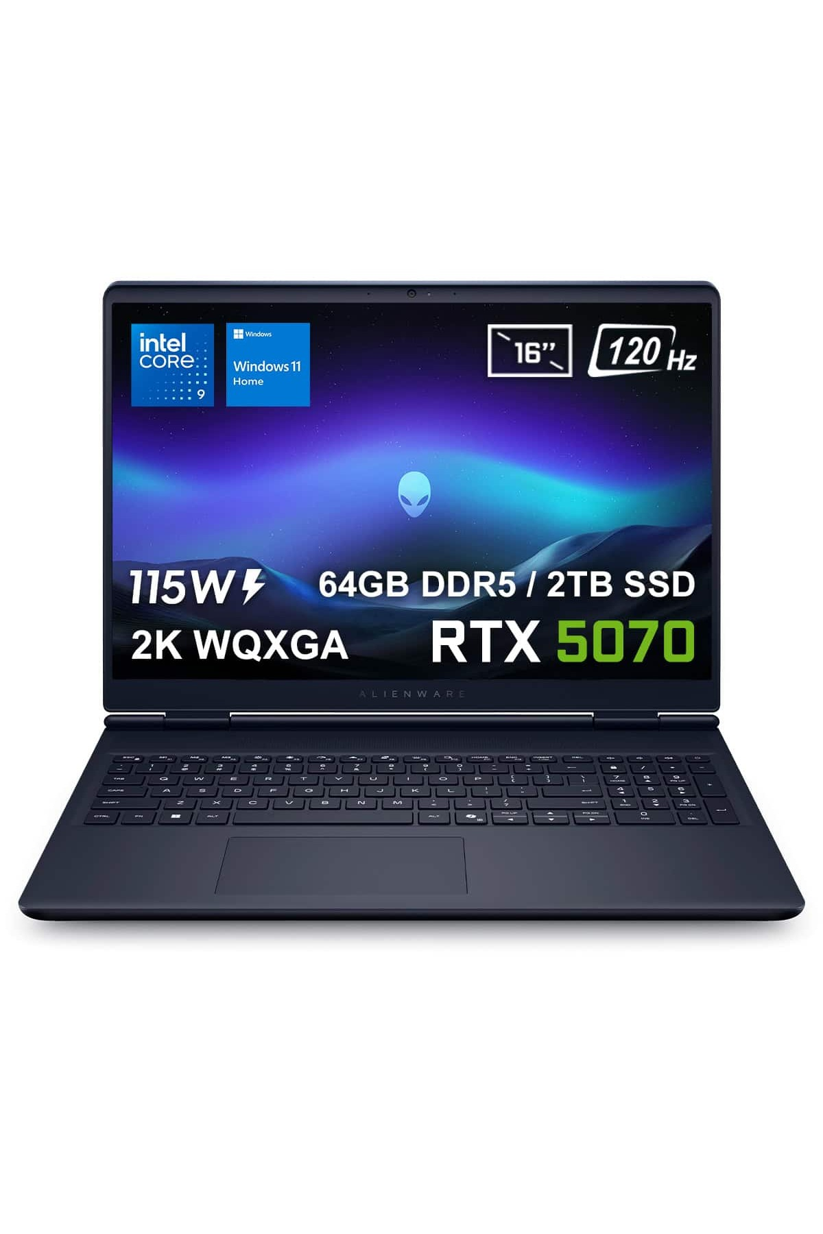 Alienware dizüstü bilgisayar, ekranda özellikler: 16", 120 Hz, Intel Core, Windows 11, RTX 5070, 64GB DDR5 ve 2TB SSD.