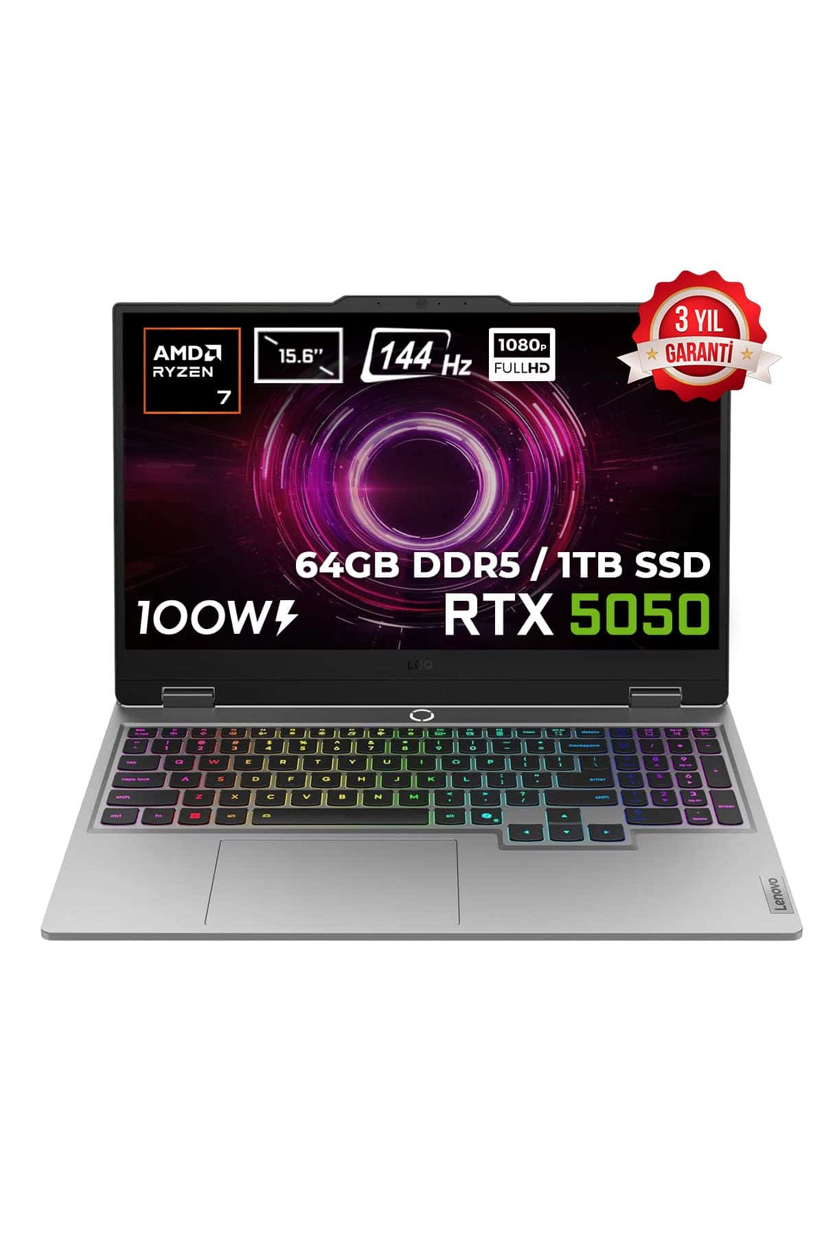 LENOVO LOQ 15AHP10 RTX5050 100W FHD144Hz IPS 83JG006CTR AMD Ryzen 7-250 64 GB RAM 1 TB SSD 15,6 inç FreeDOS Gaming Laptop Açık Gri