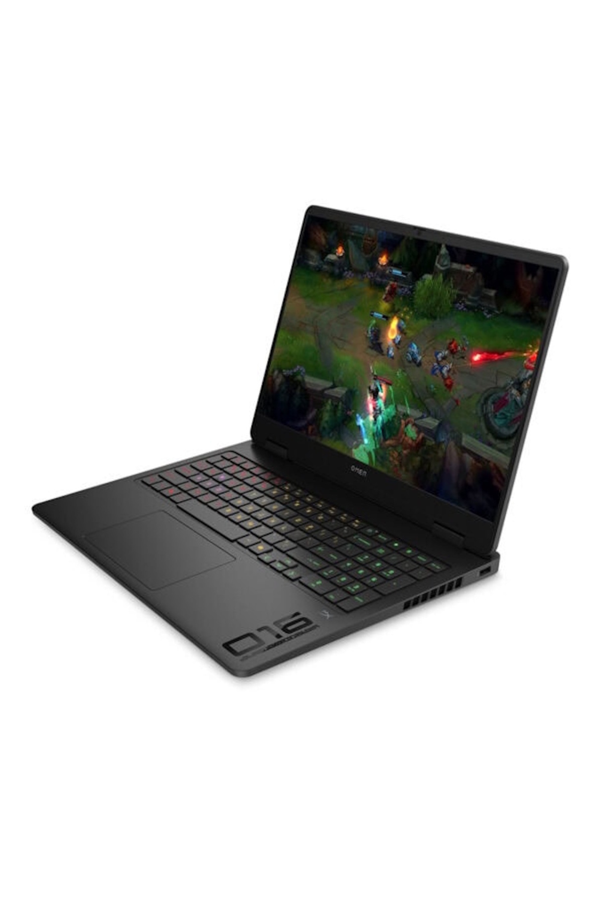 Siyah oyun laptopu bir oyun sahnesi gösteriyor. Aydınlatmalı klavye. Omen logosu görünür. Beyaz arka plan.
