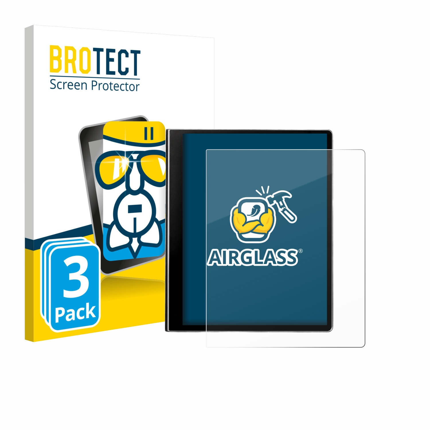 Eine Displayschutzbox und zwei Displayschutzfolien. Die Box zeigt eine Tablet-Illustration und trägt die Aufschrift 'BROTECT Screen Protector' und '3er-Pack'.