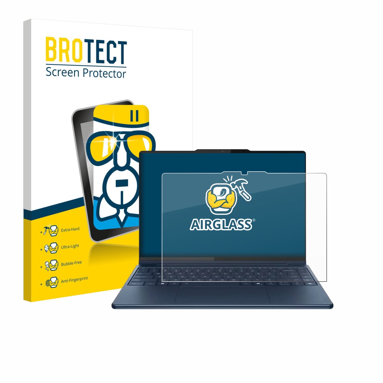 Ein Laptop mit Displayschutz, eine Schachtel mit dem Markennamen BROTECT und dem AIRGLASS-Logo.