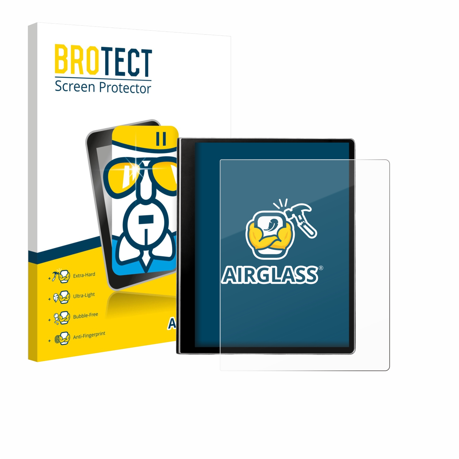 Eine Displayschutzbox und zwei Displayschutzfolien. Auf der Box steht BROTECT Screen Protector. Eine Folie liegt auf einem Tablet.