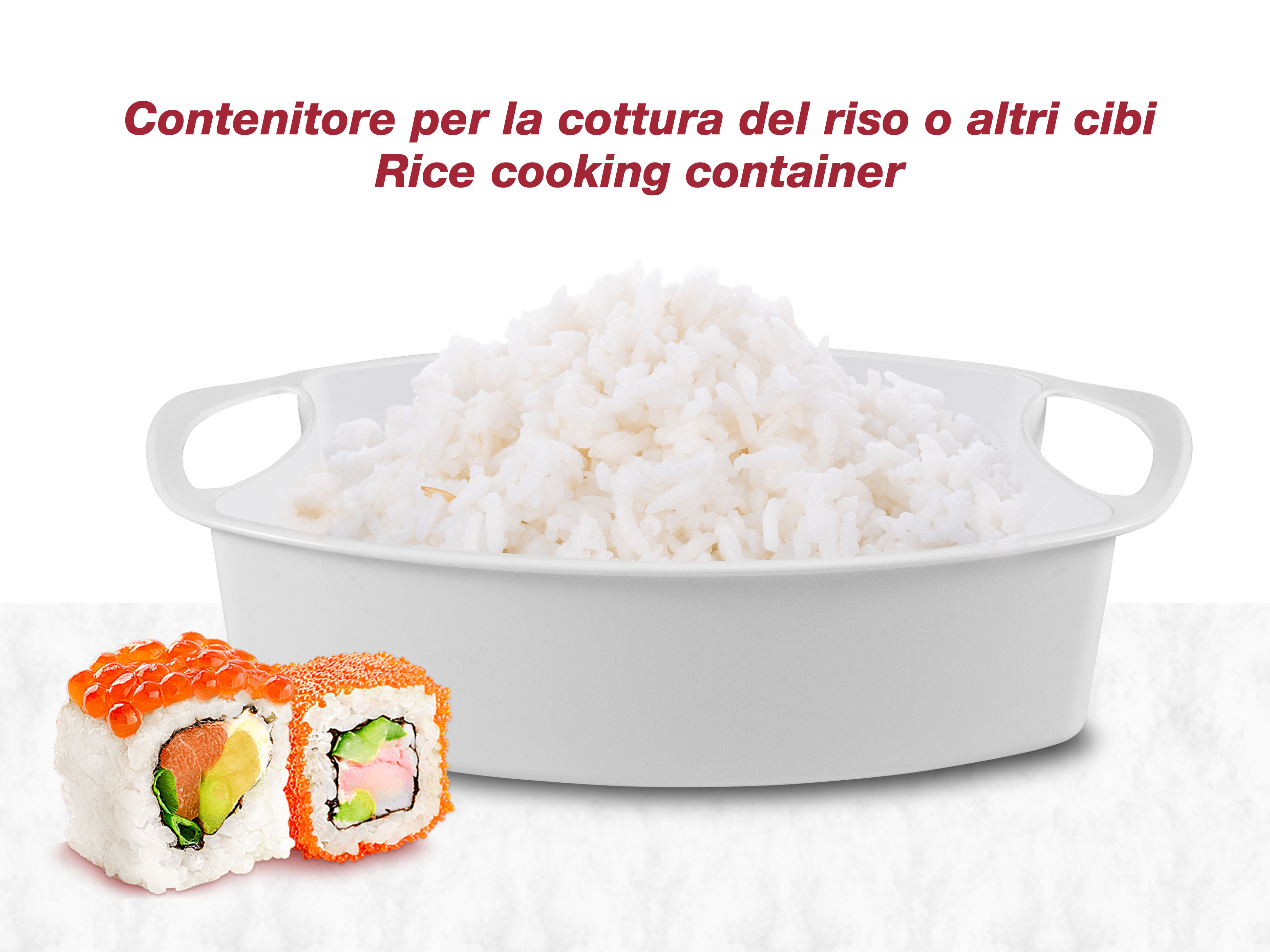 Un contenitore bianco per la cottura del riso pieno di riso cotto. Due pezzi di sushi in primo piano.