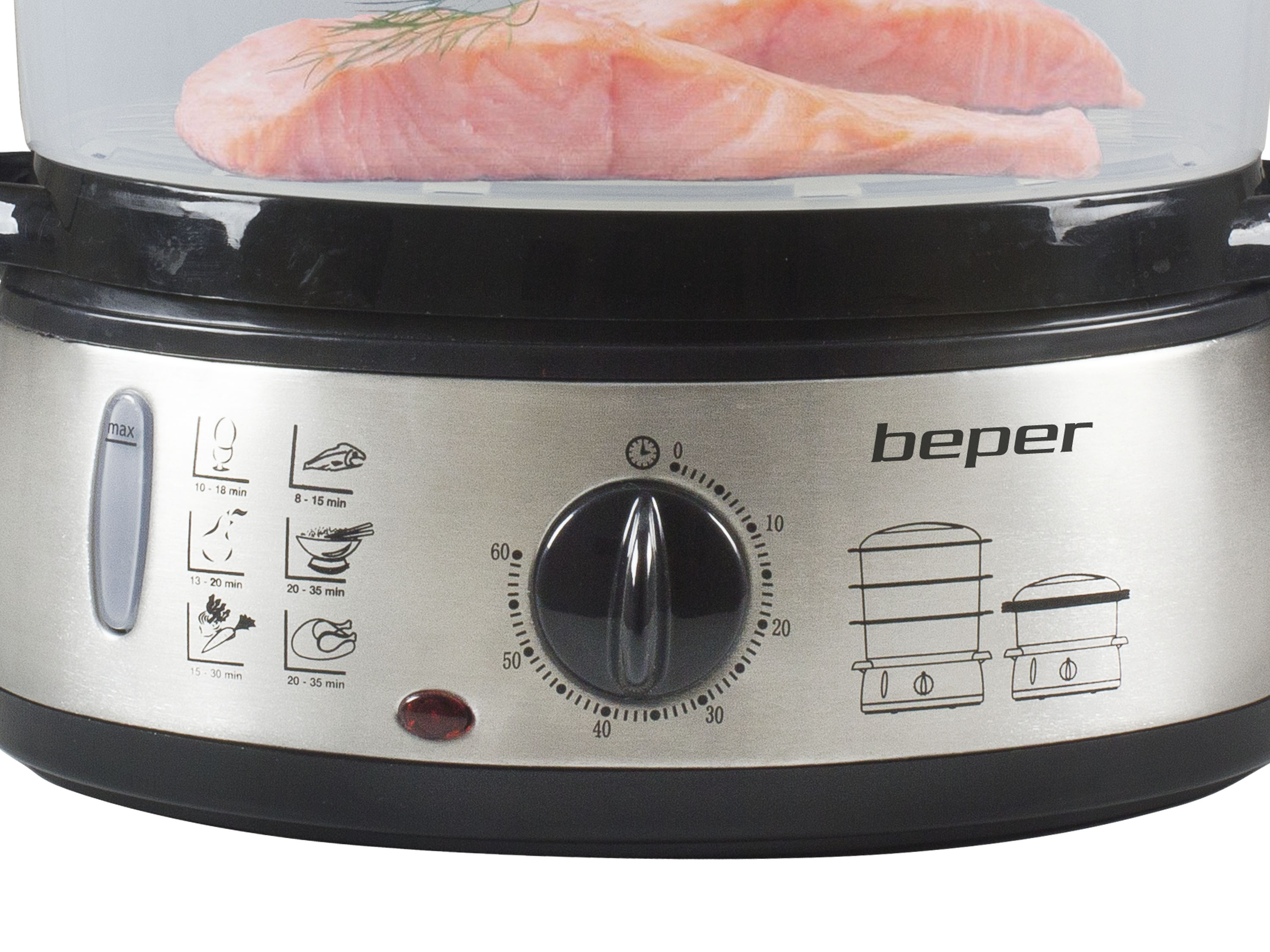 Una vaporiera con salmone. Ha un timer, un indicatore del livello dell'acqua e guide ai tempi di cottura. Il marchio è 'beper'.