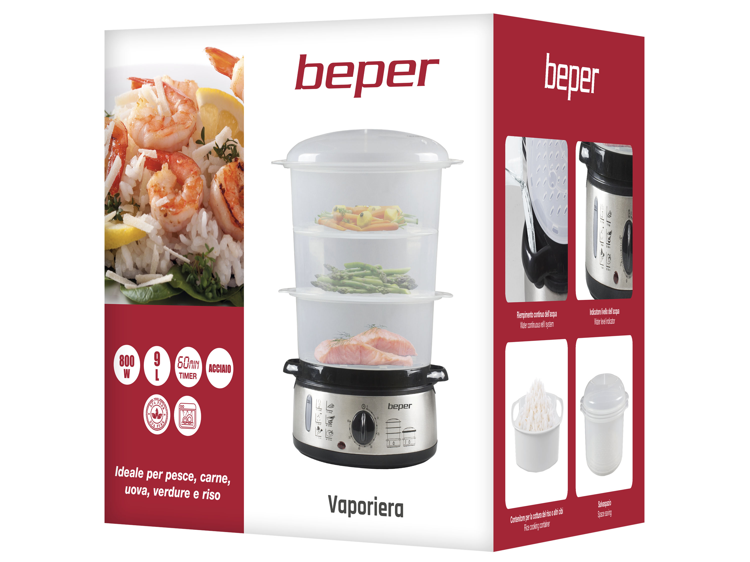 Una vaporiera con tre livelli trasparenti. In alto si vedono carote, asparagi e salmone. C'è un piatto di riso e gamberi.