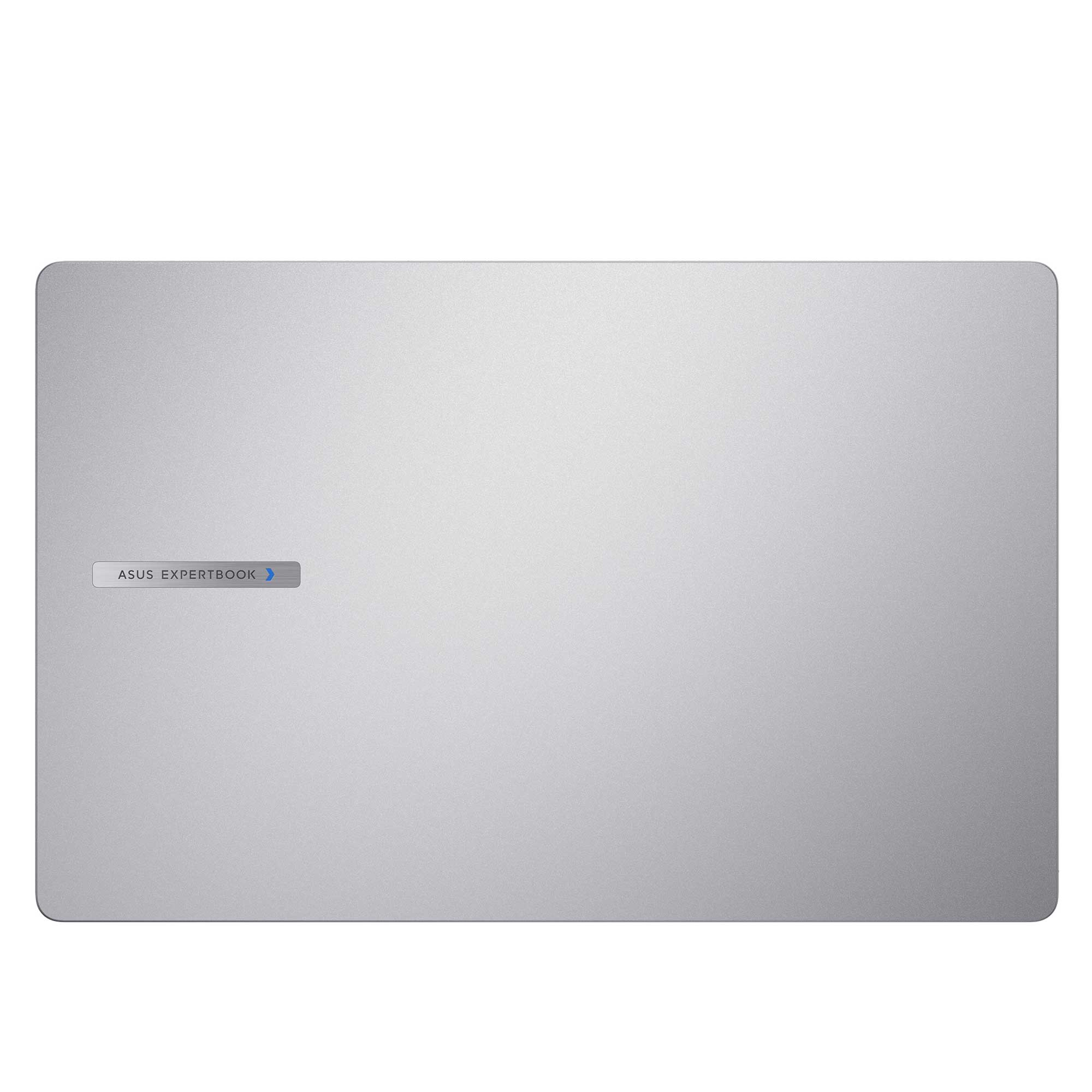 Yuvarlak köşeli gümüş bir dizüstü bilgisayar kapağı. ASUS Expertbook logosu sol altta.