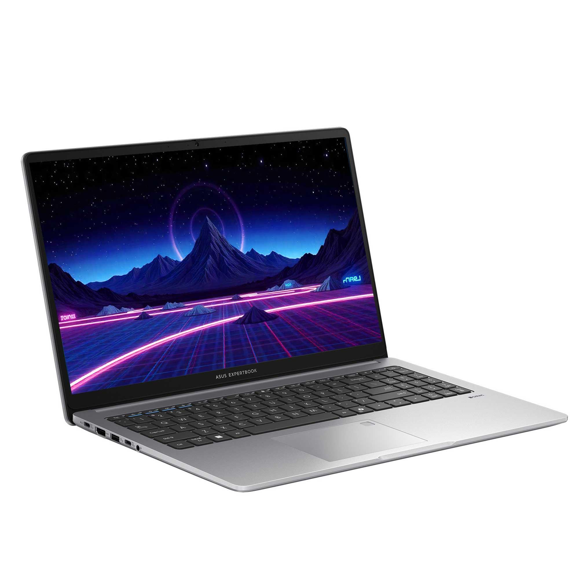 Gümüş renkli bir Asus Expertbook dizüstü bilgisayar, yıldızlı bir gökyüzünün altında dağlarla neon ızgara manzarası sergiliyor.