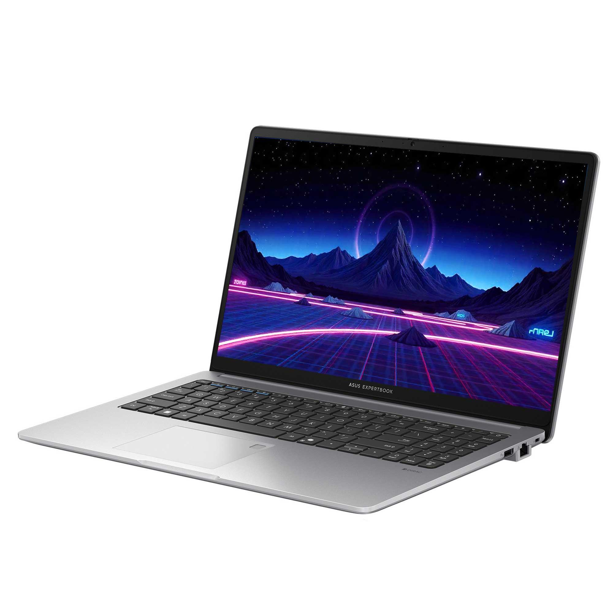 Ekranında neon manzara bulunan gümüş renkli dizüstü bilgisayar. Klavye siyah ve marka Asus Expertbook.