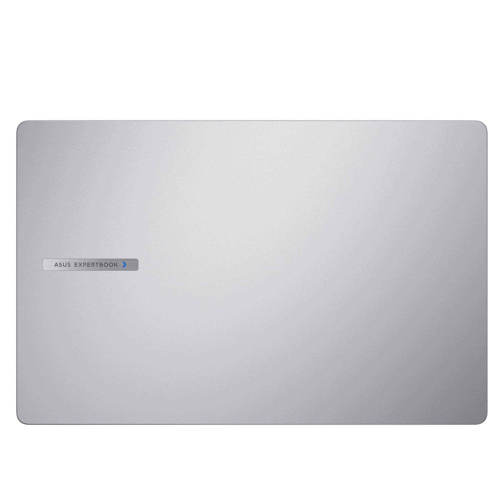 Yuvarlak köşeli, gümüş renkli bir dizüstü bilgisayar, ASUS ExpertBook logosu sol alt köşede.