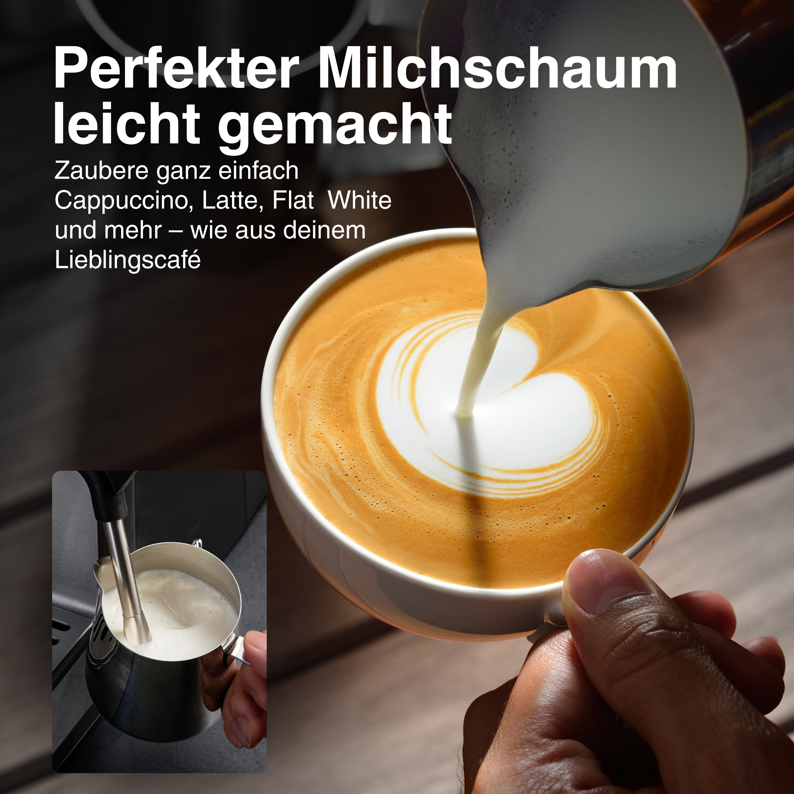 Eine Hand gießt Milchschaum in eine Kaffeetasse und erzeugt ein herzförmiges Design. Ein kleineres Bild zeigt Milchschaum.