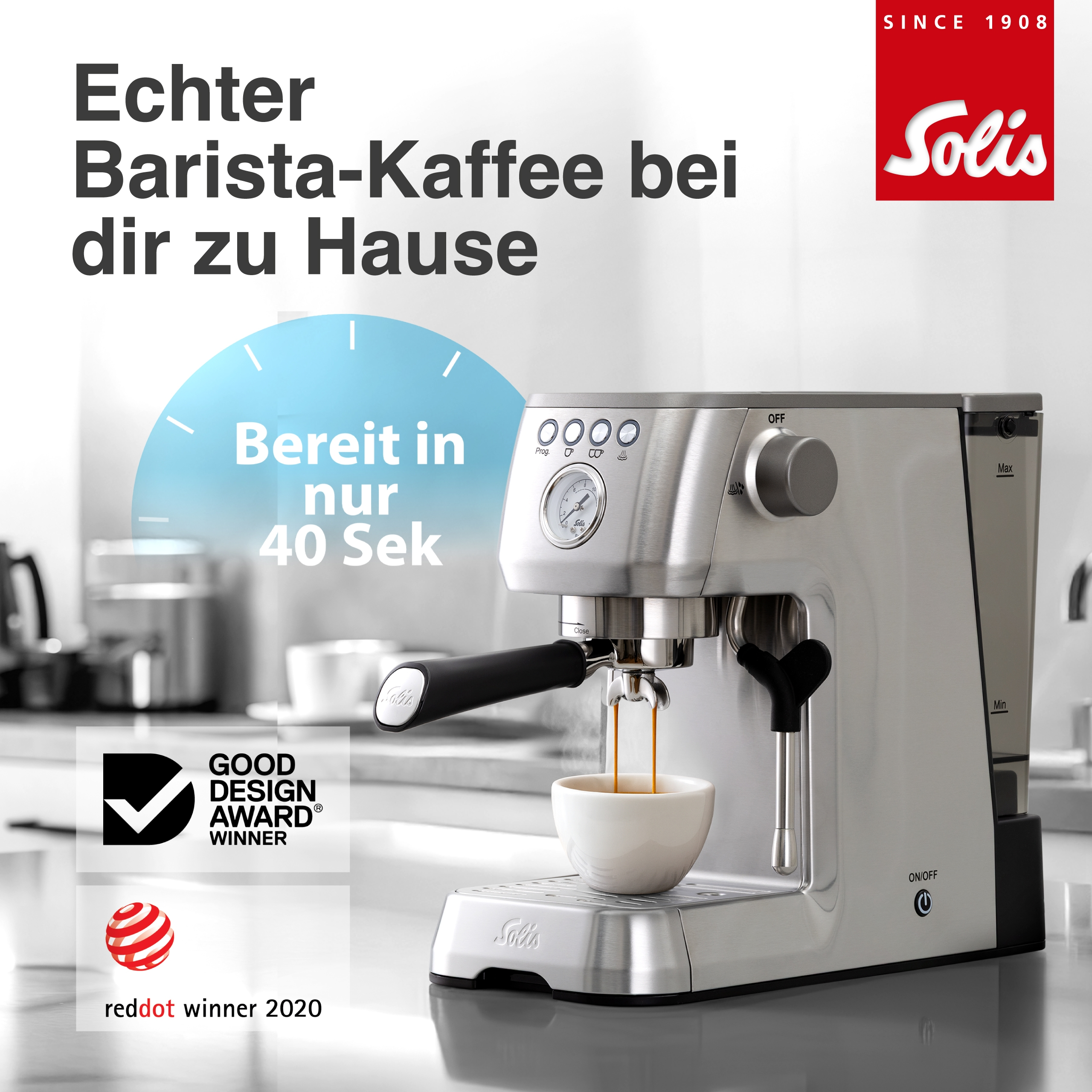 Srebrny ekspres do kawy zaparza kawę do białego kubka. Marka to Solis. Tekst brzmi: Barista-Kaffee.