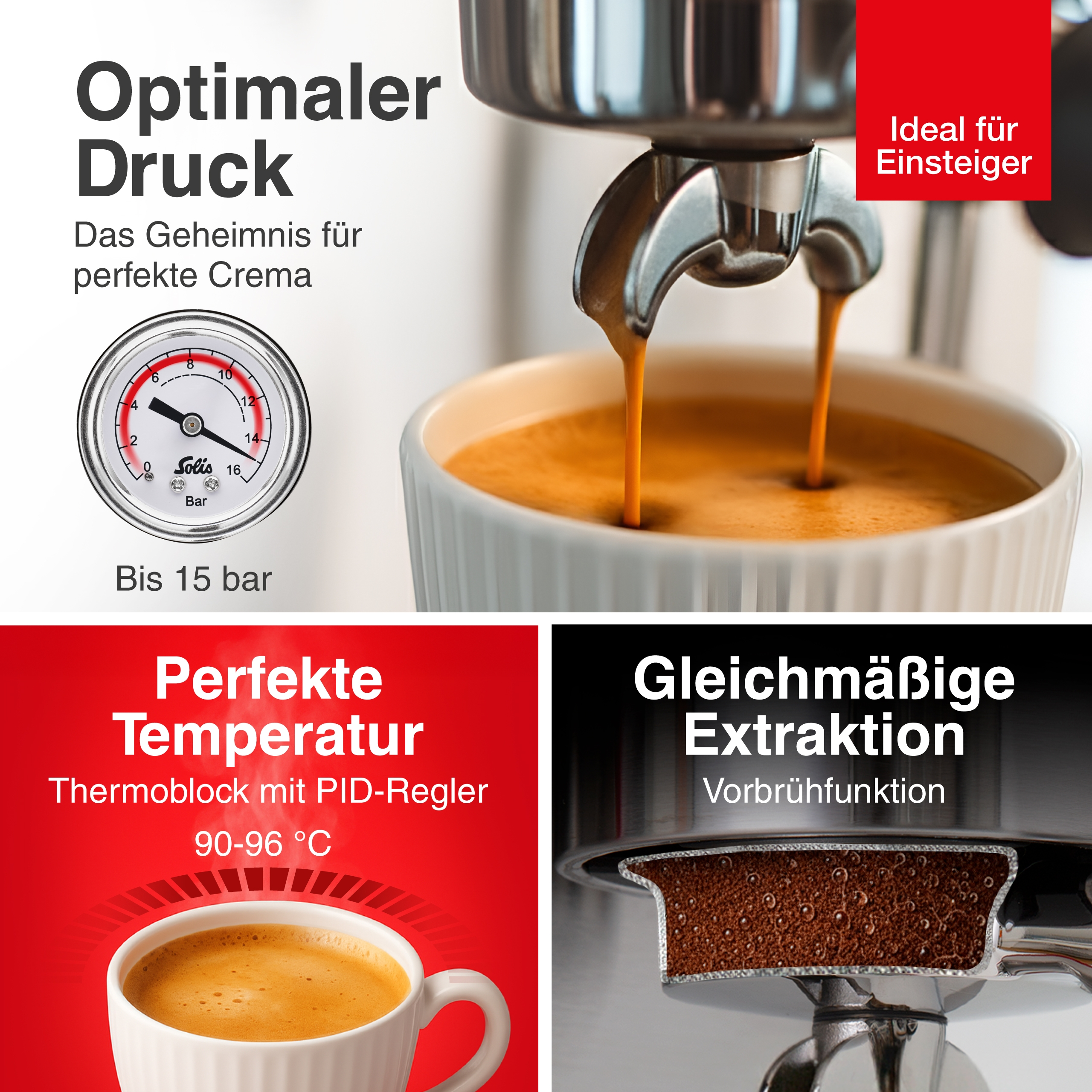 Ekspres do kawy wlewa kawę do białego kubka. Tekst zawiera 'Optymalne ciśnienie' i 'Idealna temperatura'.