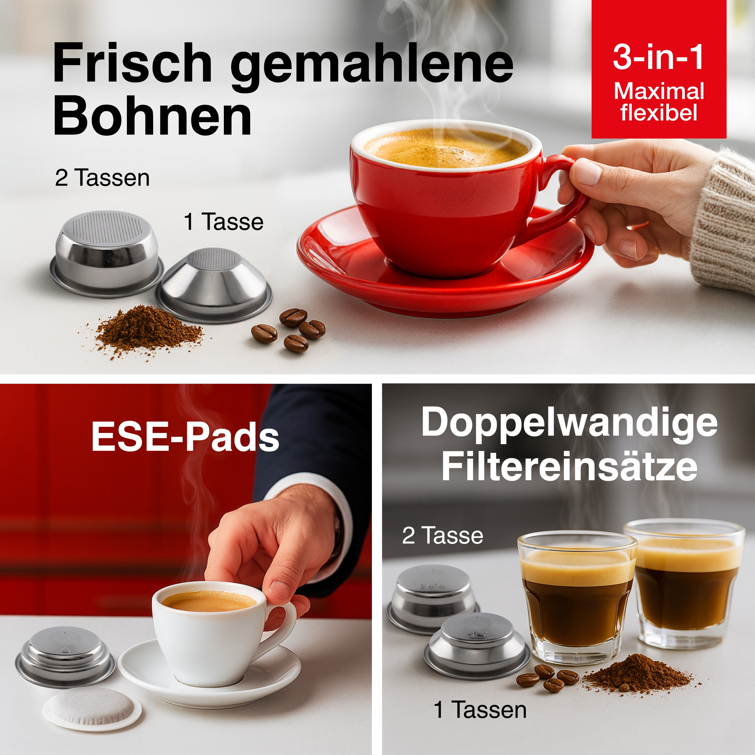 Obraz pokazuje elementy do parzenia kawy: filiżanki, kosze filtracyjne, zmieloną kawę i ziarna. Tekst: Świeżo zmielone ziarna, 3 w 1, ESE-Pads.