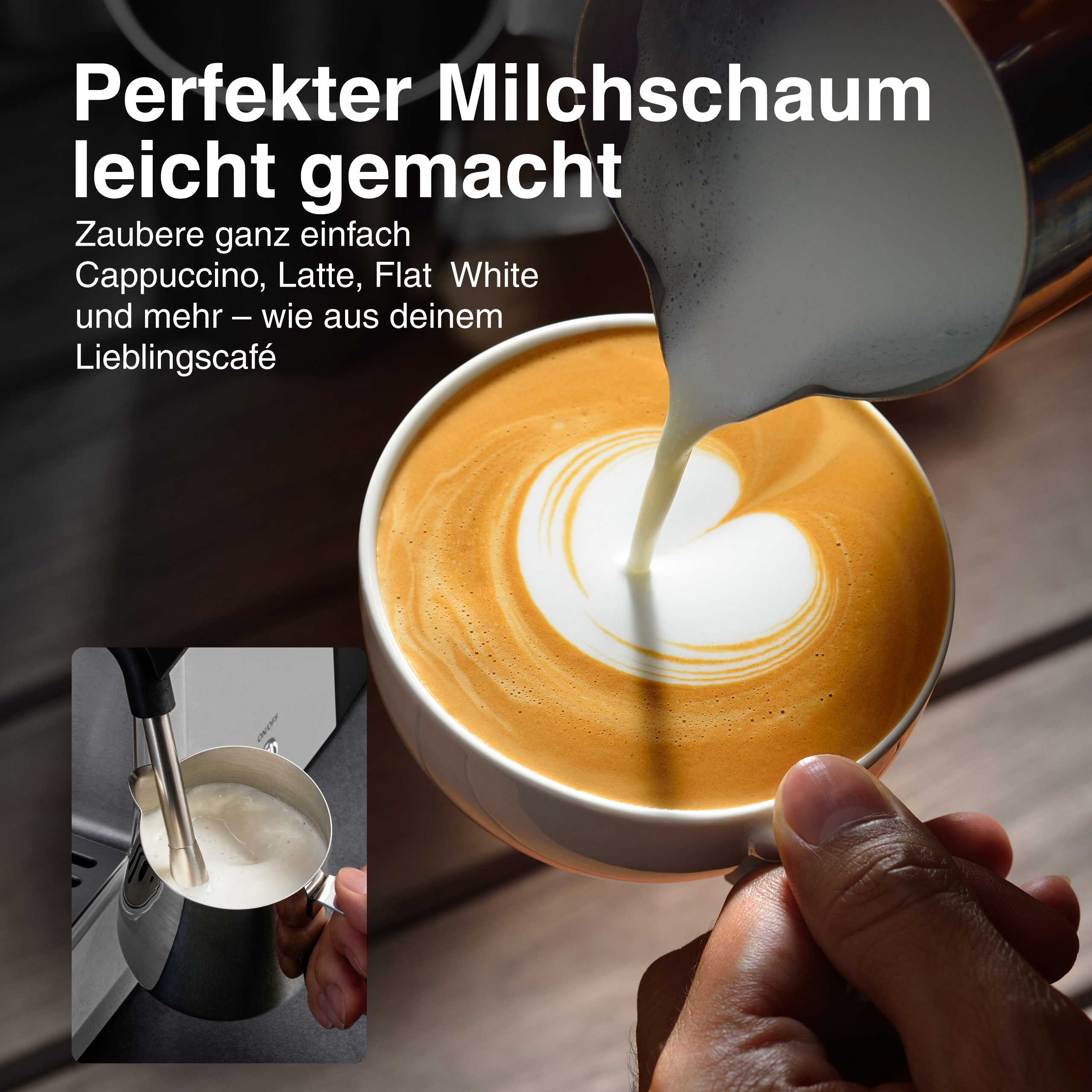 Ręka wlewa spienione mleko do filiżanki kawy, tworząc wzór w kształcie serca. Mniejszy obrazek pokazuje spienianie mleka.