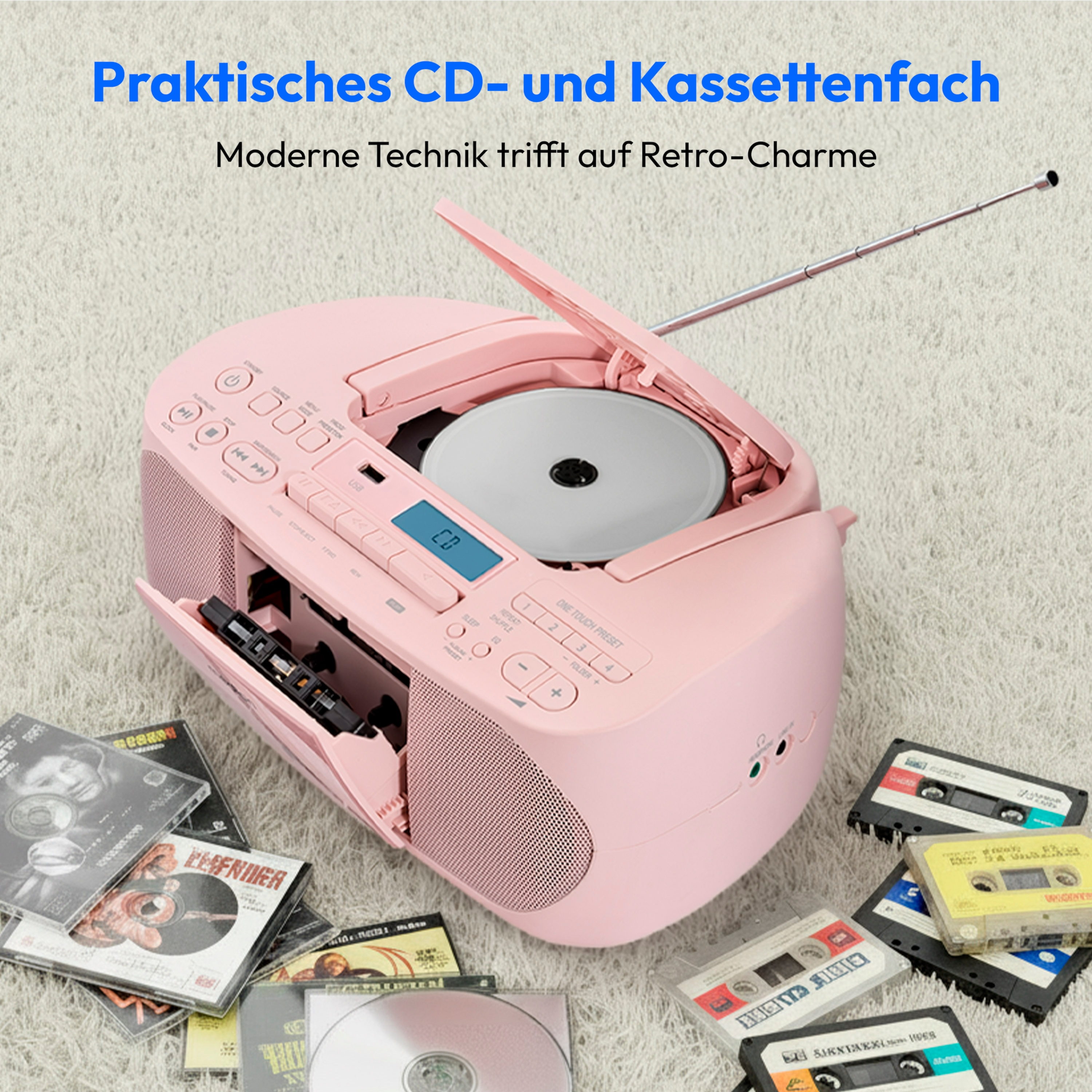 Ein pinkfarbener CD/Kassetten-Player mit CDs und Kassetten drumherum, auf einem flauschigen Teppich.