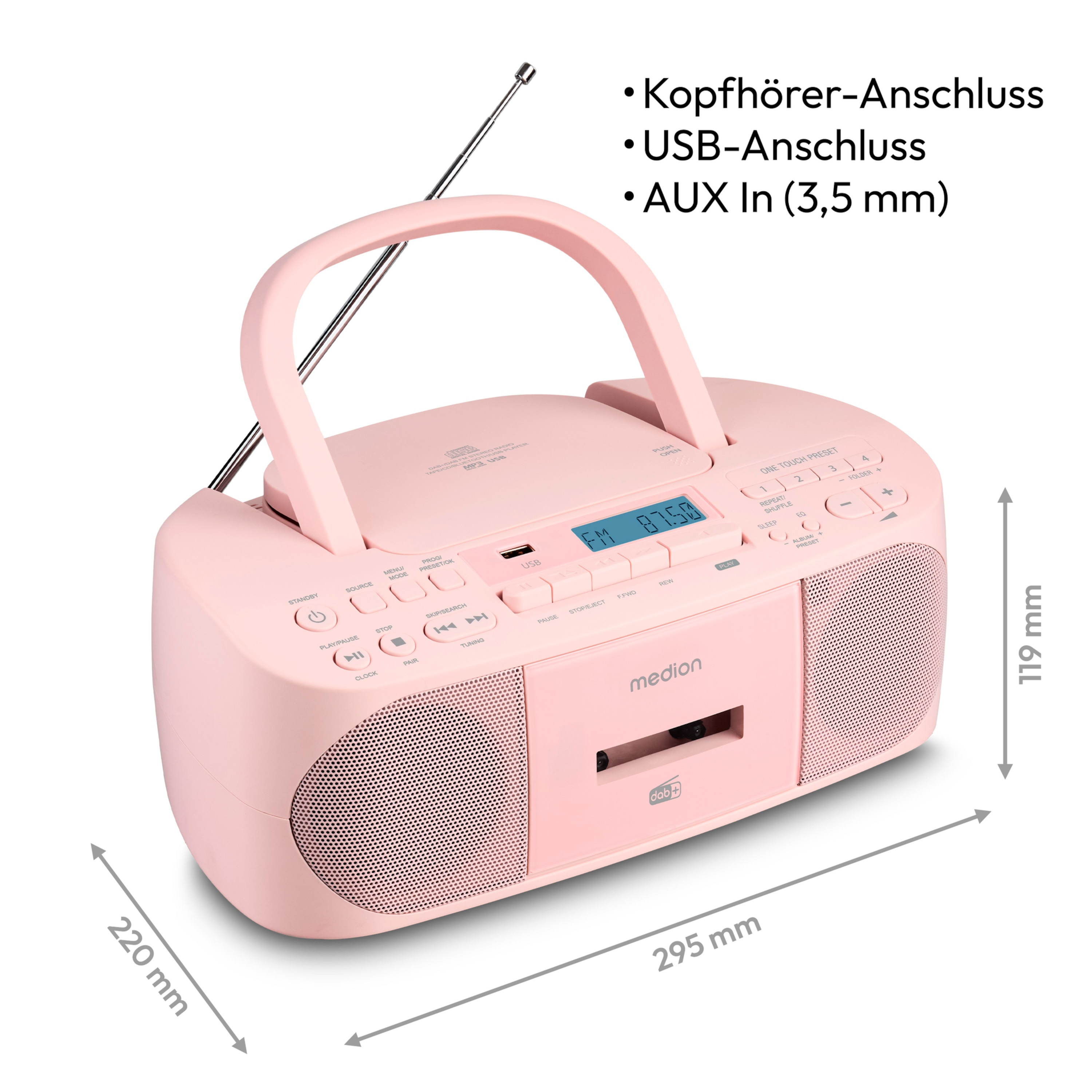Rosa Radio mit Griff, Knöpfen und Display. Hat CD-Player, FM, USB und AUX-Optionen. Abmessungen sind angezeigt.