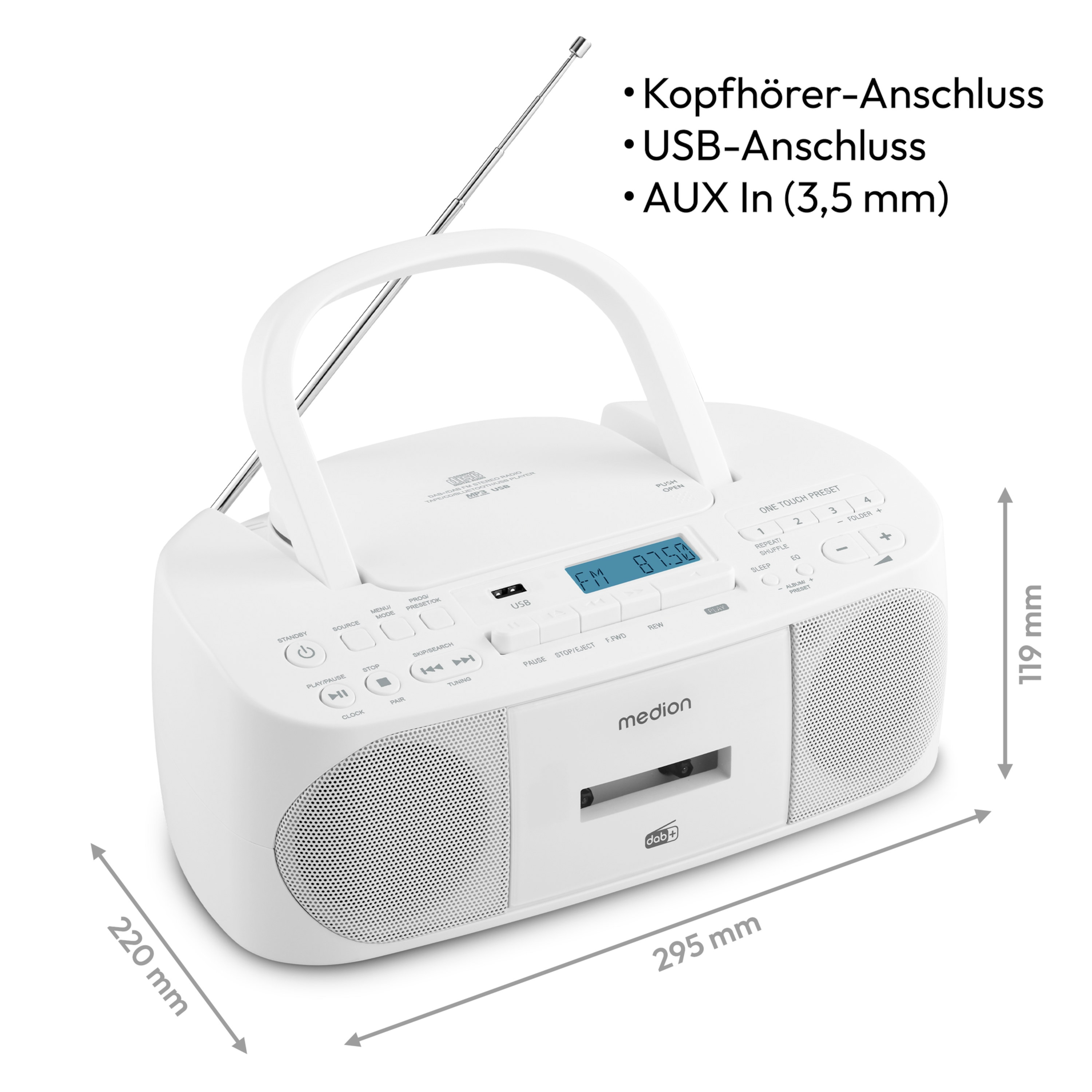 Weißes tragbares Radio mit Griff, Antenne und Display. Zeigt FM 87.50. Hat USB-, AUX- und Kopfhöreranschlüsse.
