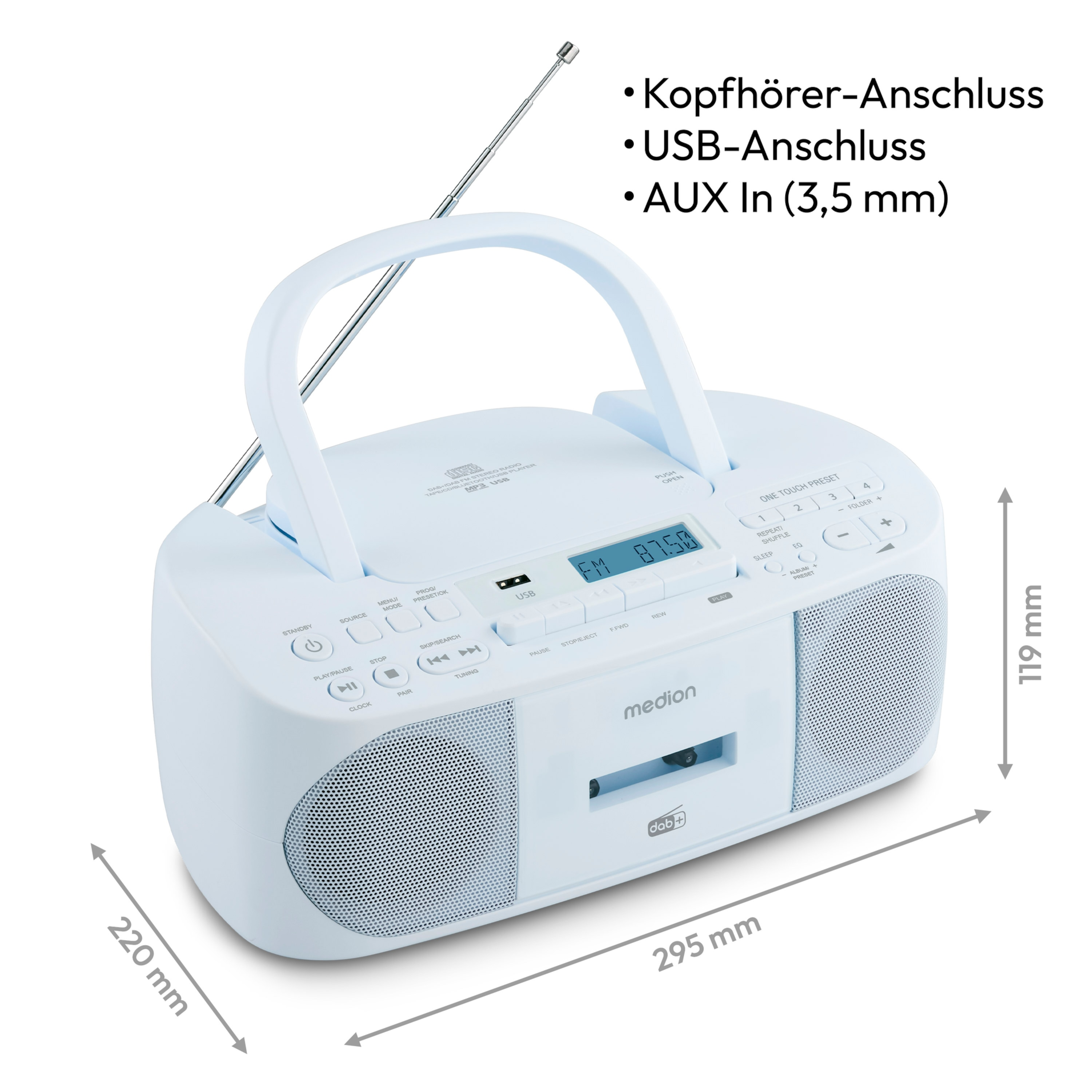 Weißes tragbares Radio mit Griff, Knöpfen, Display und Antenne. Es hat einen CD-Player und ein Kassettendeck.