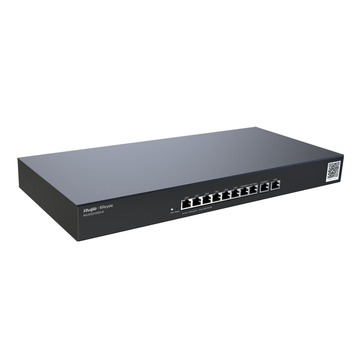 Un switch de red negro con múltiples puertos. El panel frontal tiene varios puertos LAN y luces indicadoras. Un código QR está en la parte superior derecha.