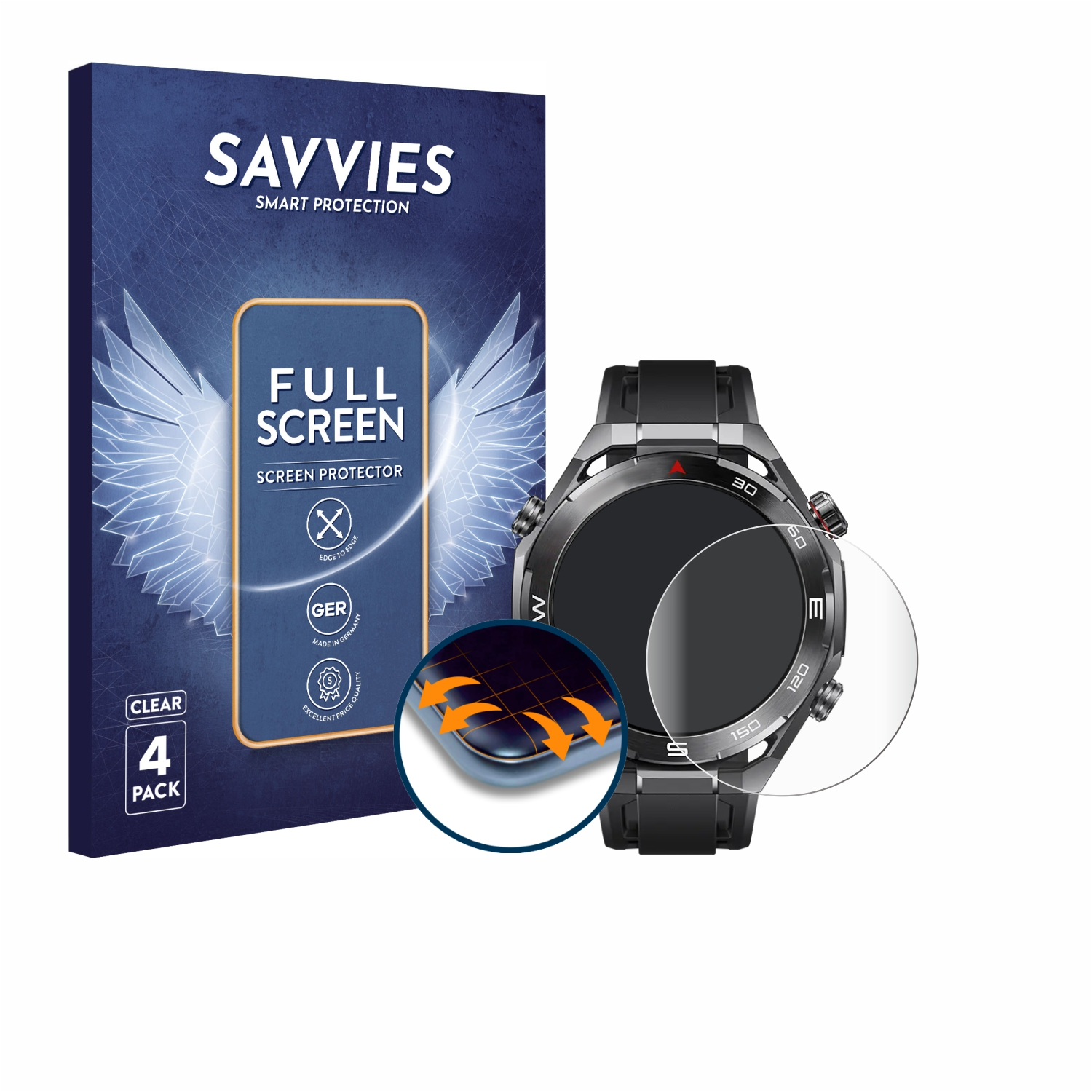 Das Bild zeigt eine Smartwatch und eine Displayschutzverpackung. Der Schutz ist auf der Uhr angebracht, mit Verpackungsdetails.