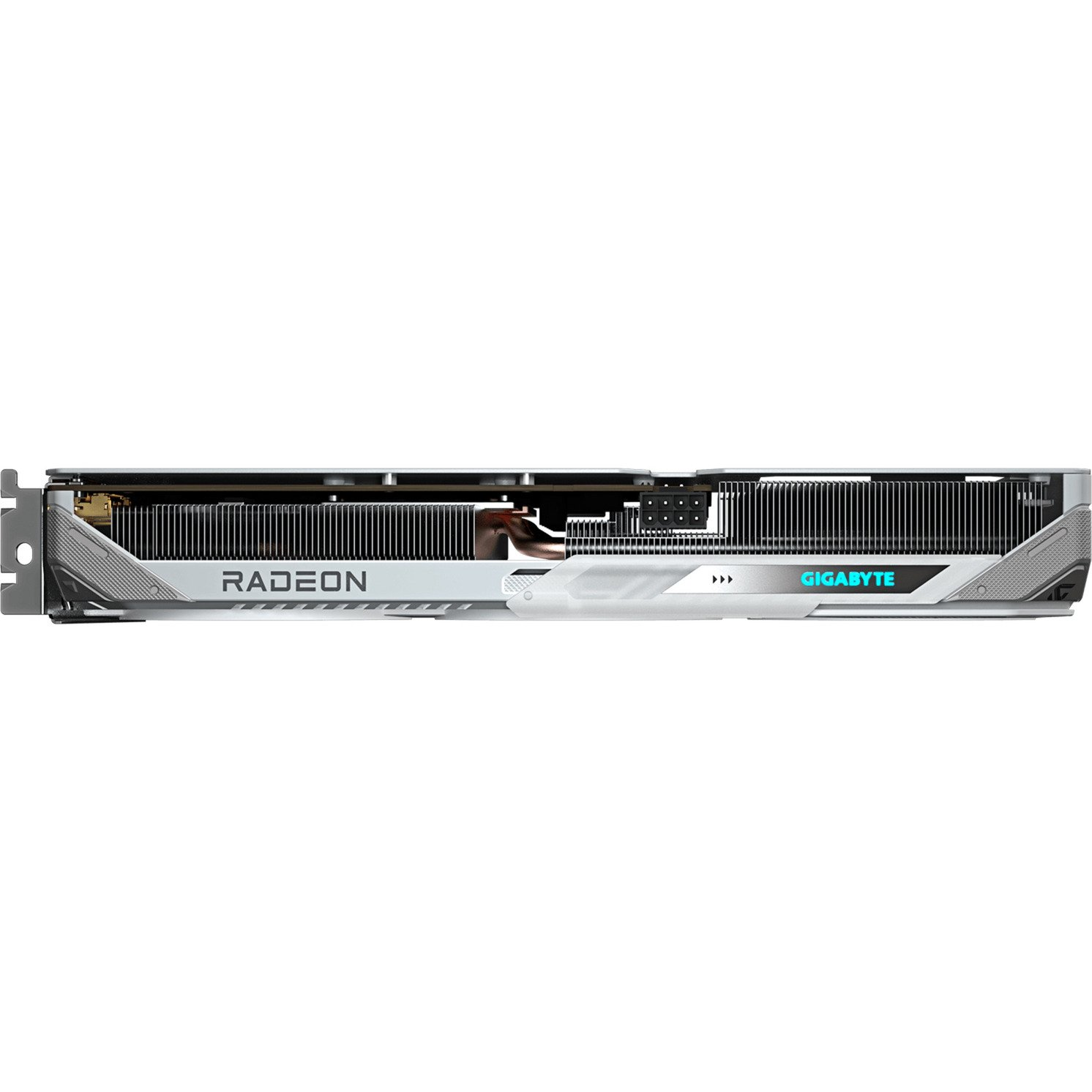 Karta graficzna z etykietami 'RADEON' i 'GIGABYTE'. Posiada srebrno-czarną konstrukcję radiatora.