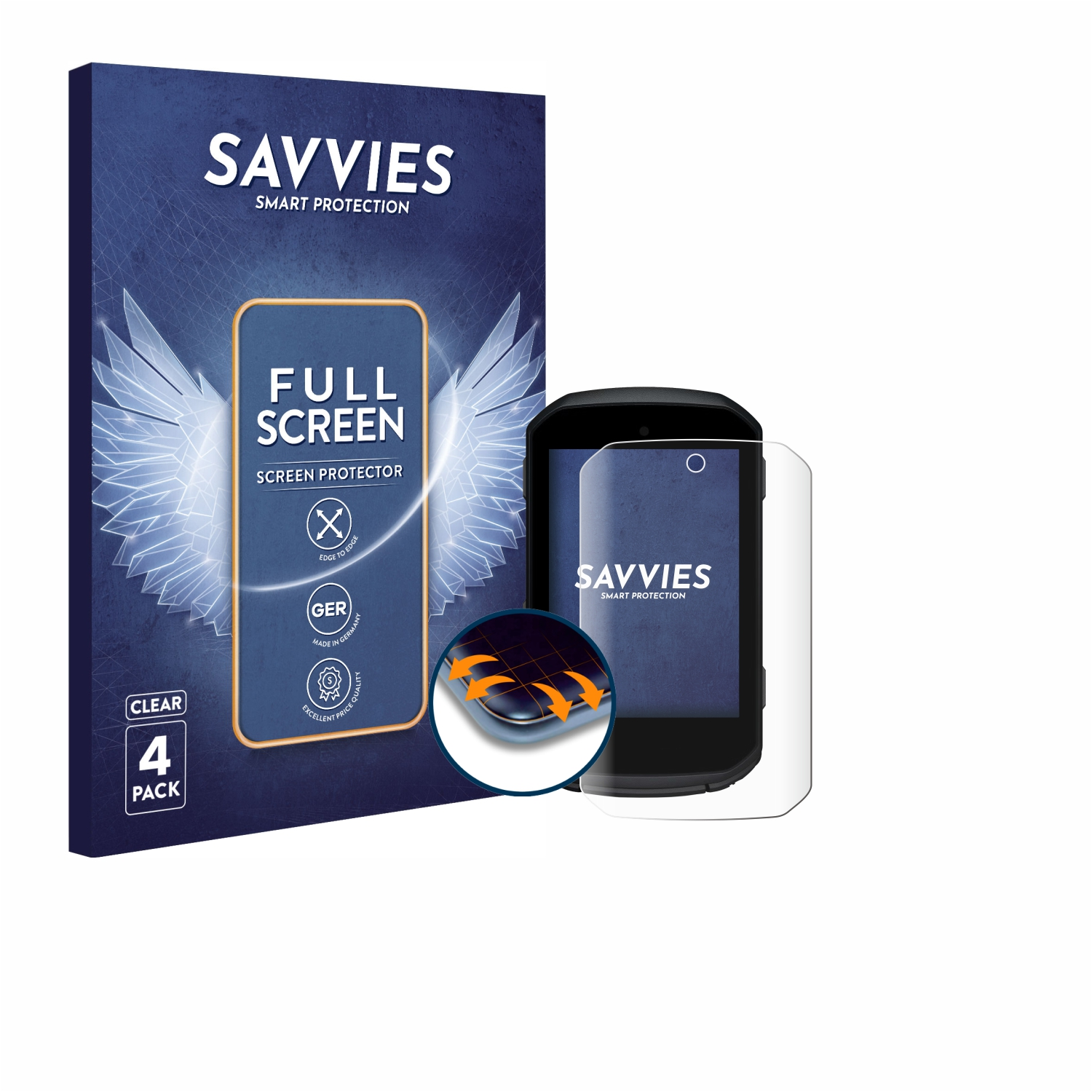 Eine Displayschutzfolienbox mit Telefon und Schutzfolie. Auf der Box steht 'SAVVIES' und 'FULL SCREEN'. Das Telefon ist schwarz.
