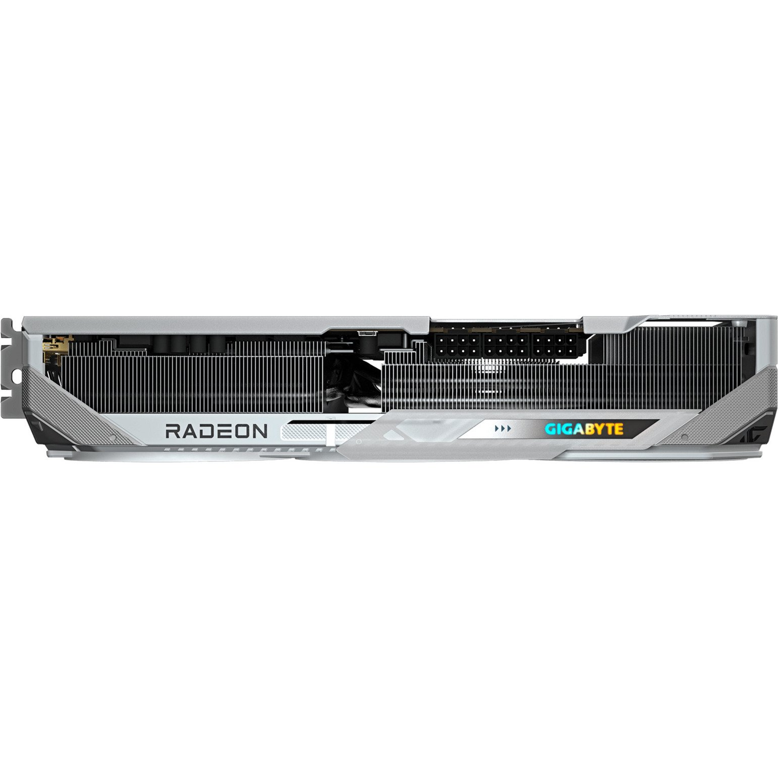 Biała i srebrna karta graficzna Radeon Gigabyte z logo Radeon i Gigabyte oraz czarnym systemem chłodzenia.