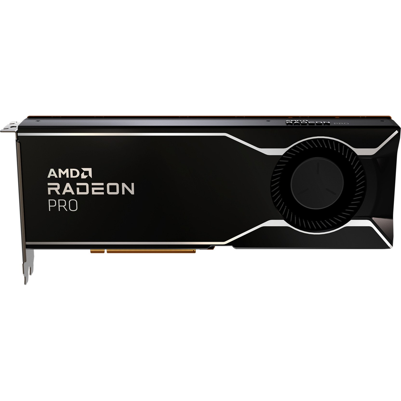 Scheda grafica AMD Radeon Pro nera. Ha una ventola, dettagli bianchi e il logo AMD Radeon Pro.