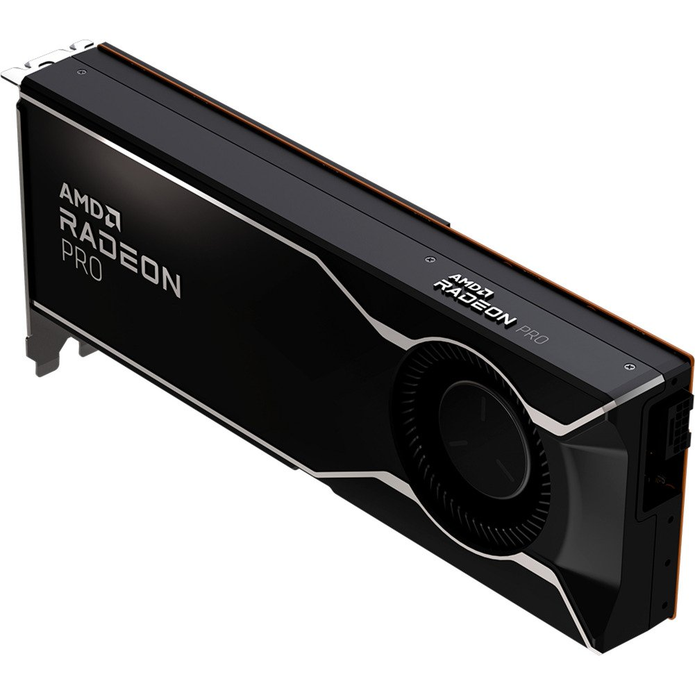 Una scheda grafica AMD Radeon Pro nera. Ha una ventola e dettagli argentati. Il logo AMD Radeon Pro è visibile.