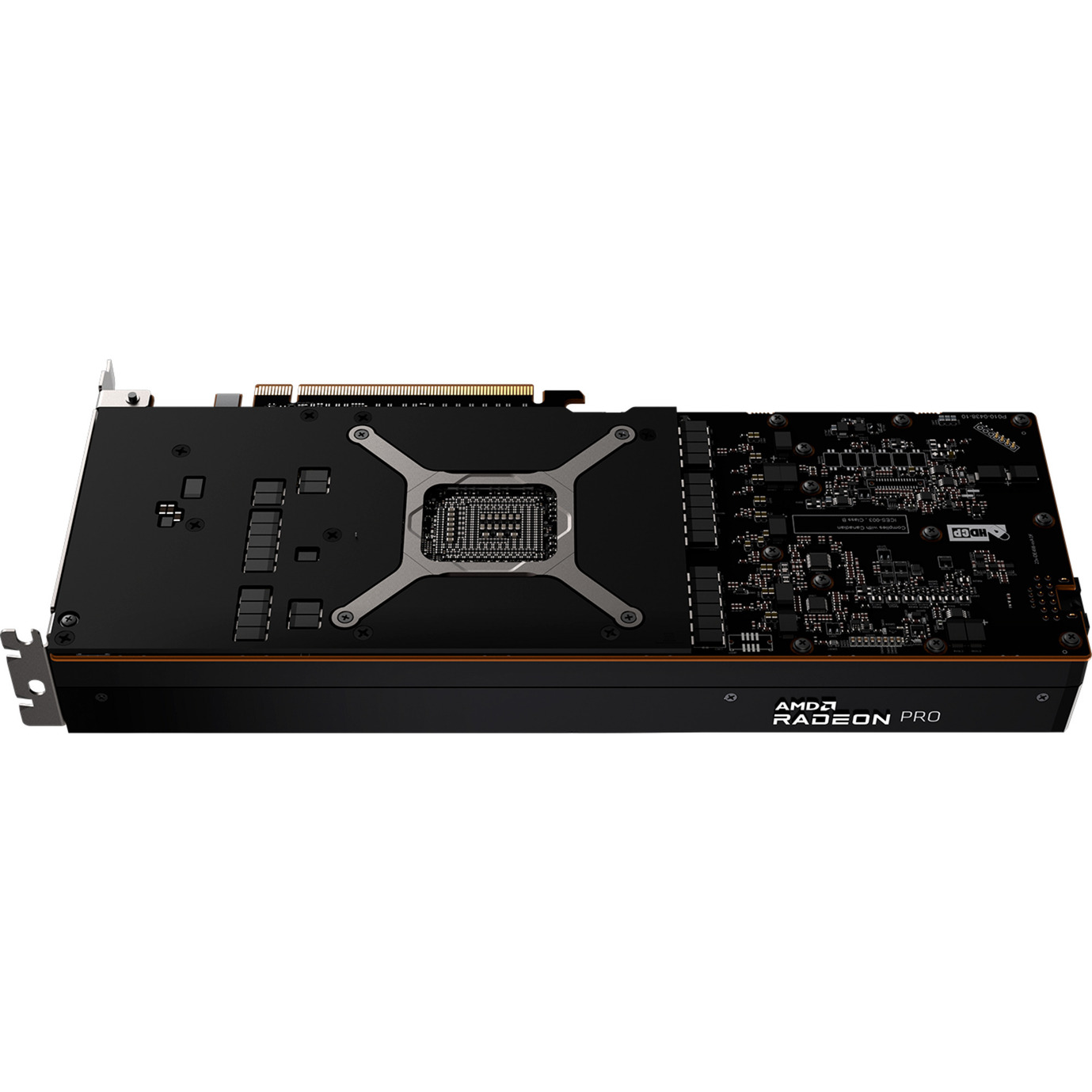 Una scheda grafica AMD Radeon Pro nera. Ha una staffa argentata e un circuito stampato complesso.