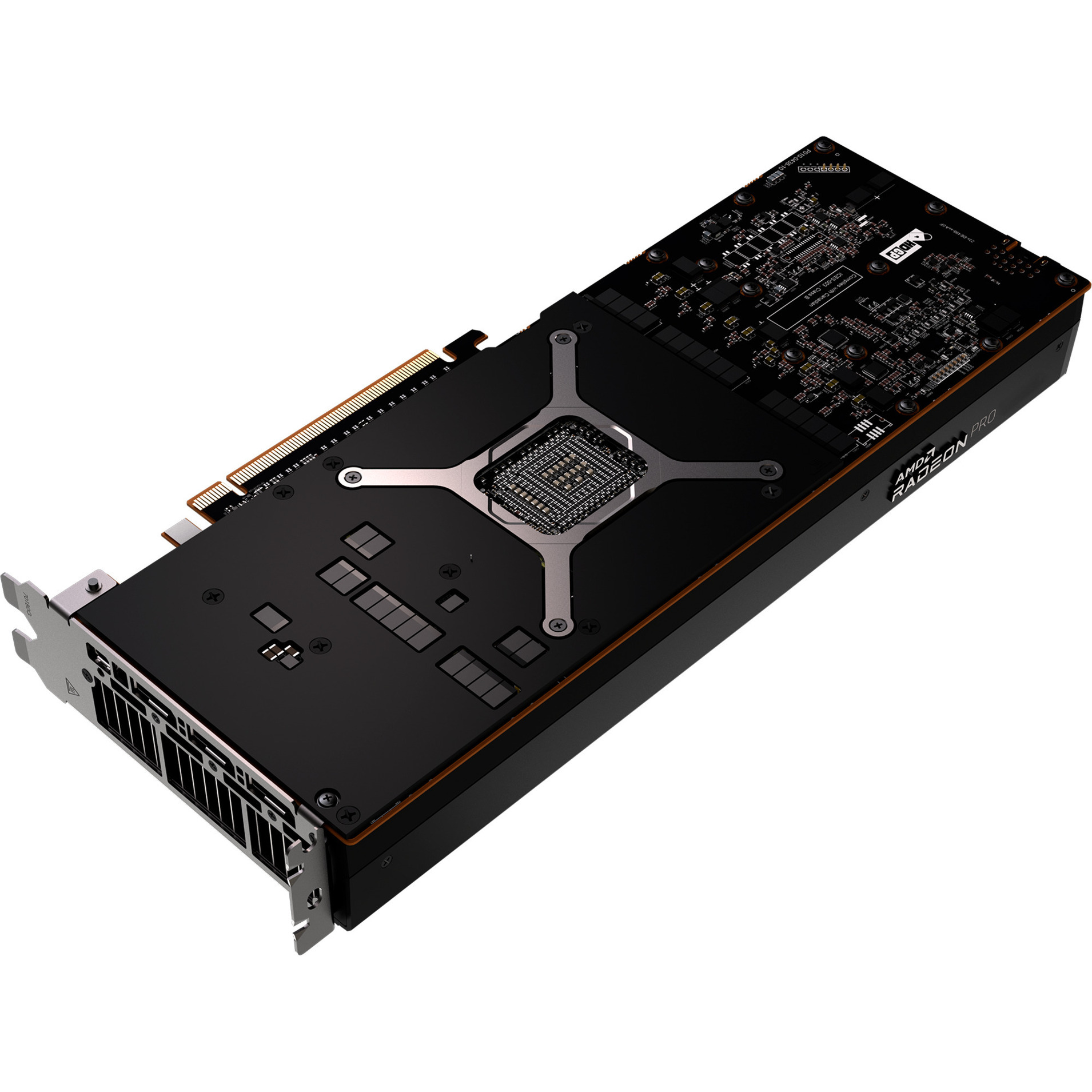 Una scheda grafica AMD Radeon Pro nera e argento. Ha un circuito stampato complesso e un sistema di raffreddamento con staffa metallica.
