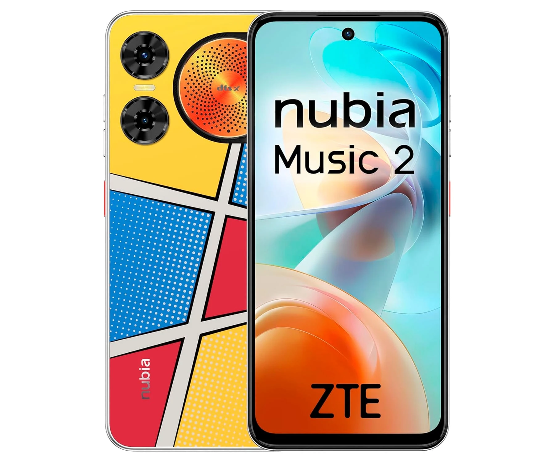 Smartfon z kolorowym tyłem, z designem głośnika i wieloma aparatami. Ekran wyświetla 'nubia Music 2' i 'ZTE'.