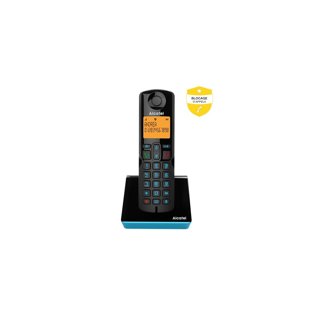 Black cordless phone on a blue and black base. The screen displays 'Andrea' and a phone number. A yellow badge is in the background.