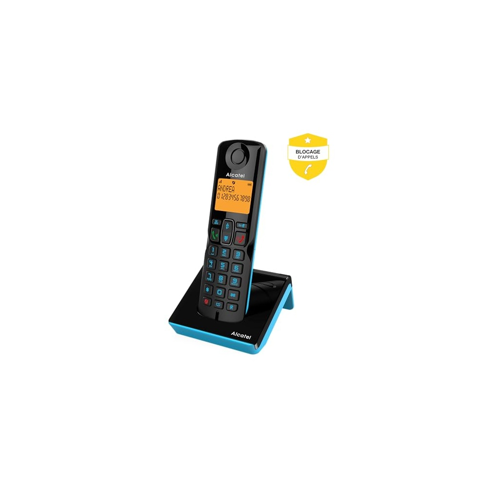 A black and blue Alcatel cordless phone on a stand. The screen displays 'Andrea' and a phone number. A 'block calls' sticker.