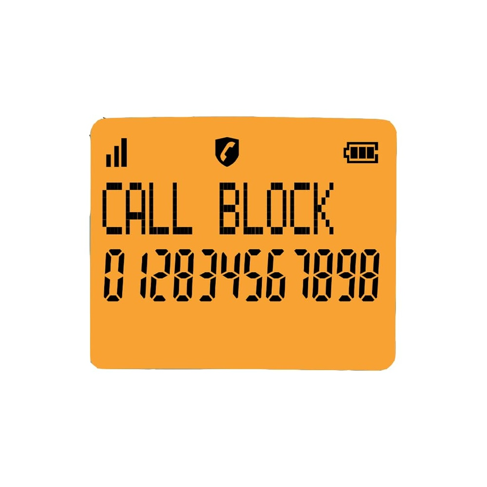 An orange phone screen displays 'CALL BLOCK' and a phone number. Icons for signal, shield, and battery are at the top.