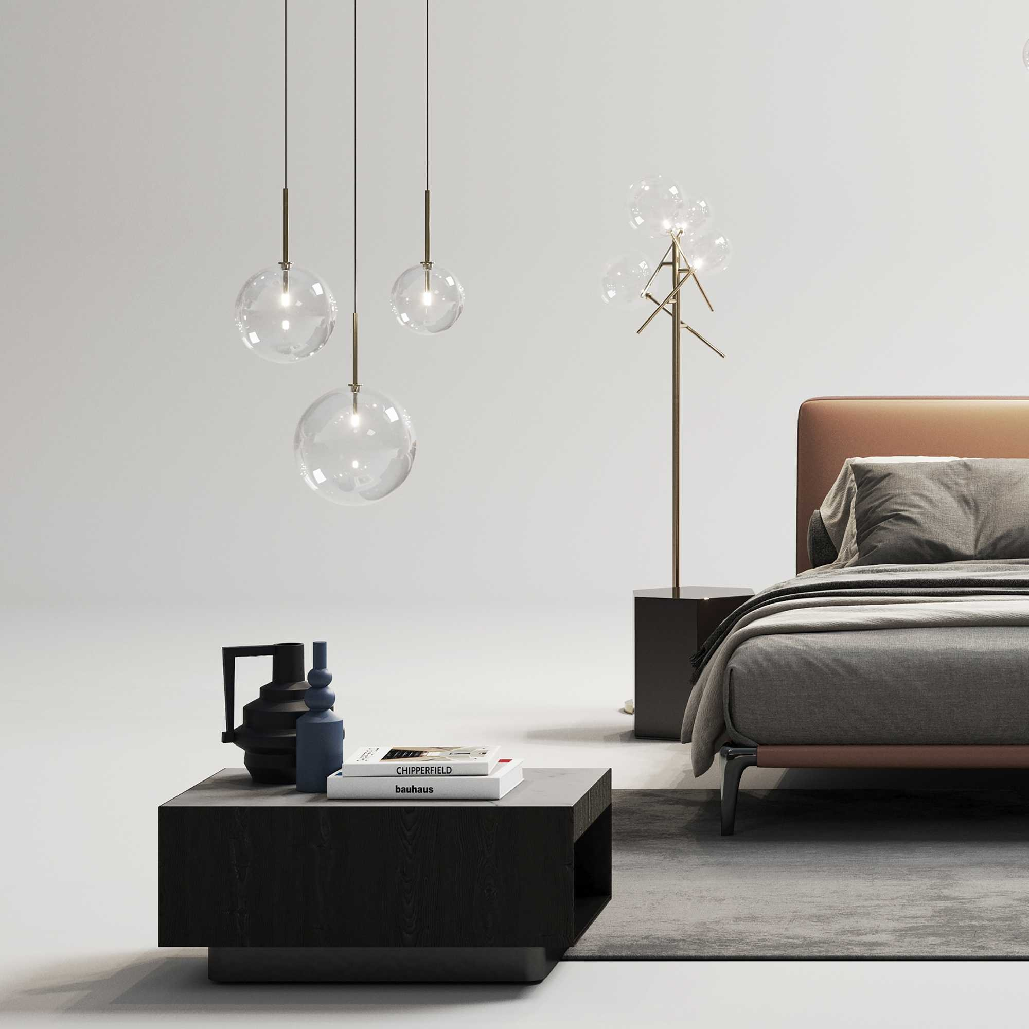Una camera da letto moderna con letto, lampade e tavolino con decorazioni. I colori neutri dominano la scena.